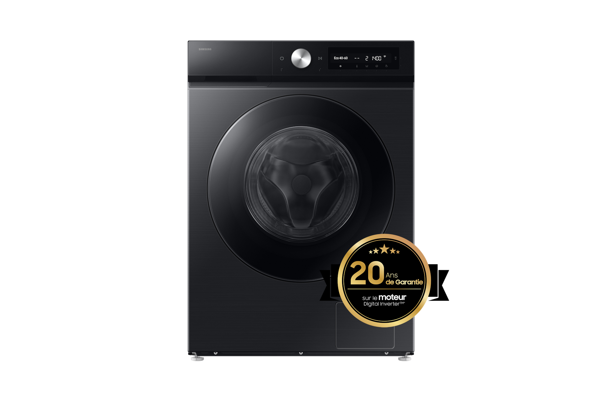 Lave-linge noir avec porte ronde. Une étiquette dorée indique '20 Ans de garantie'.