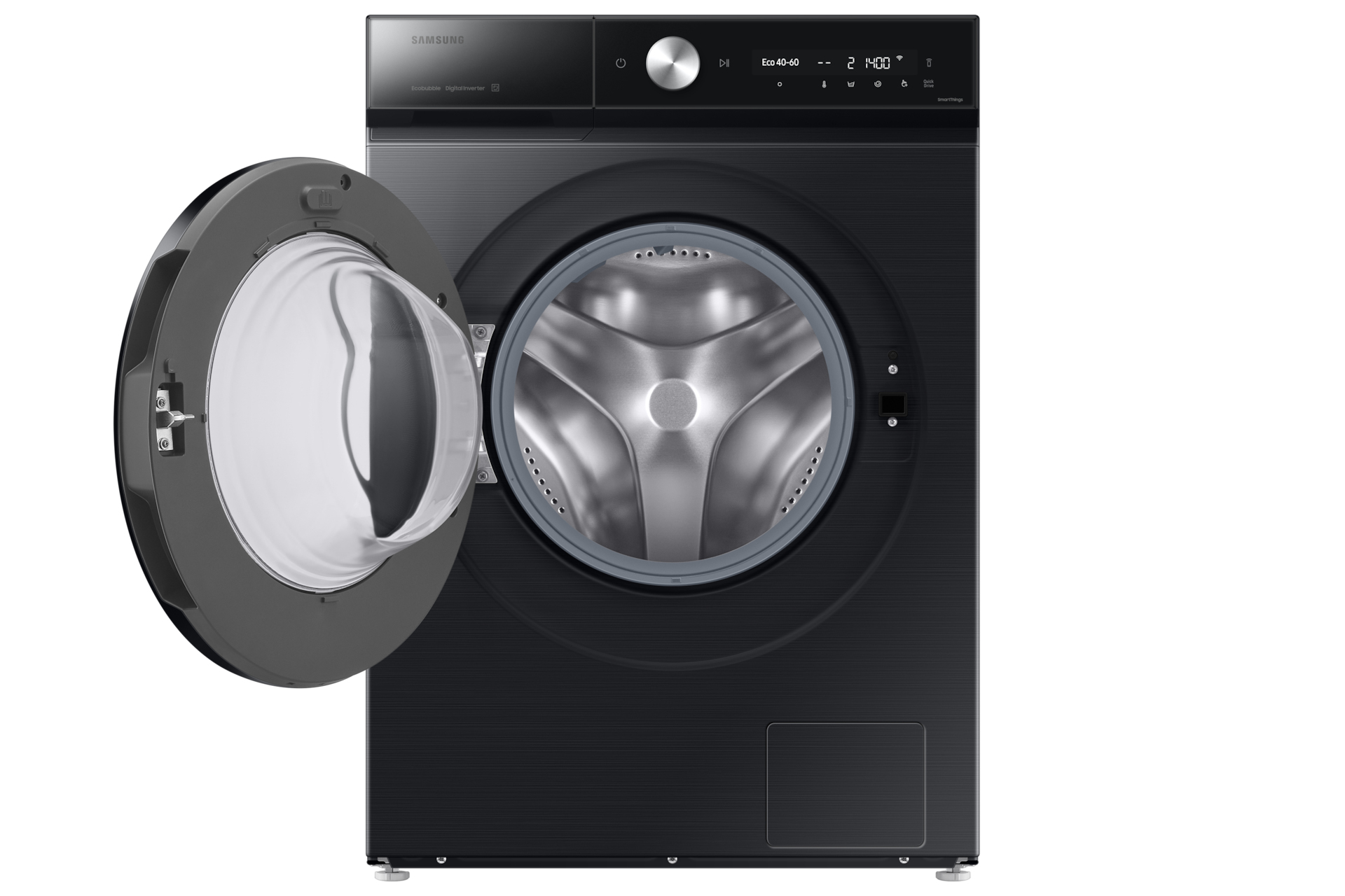 Lave-linge Samsung noir avec porte ouverte, intérieur argenté, fond blanc.