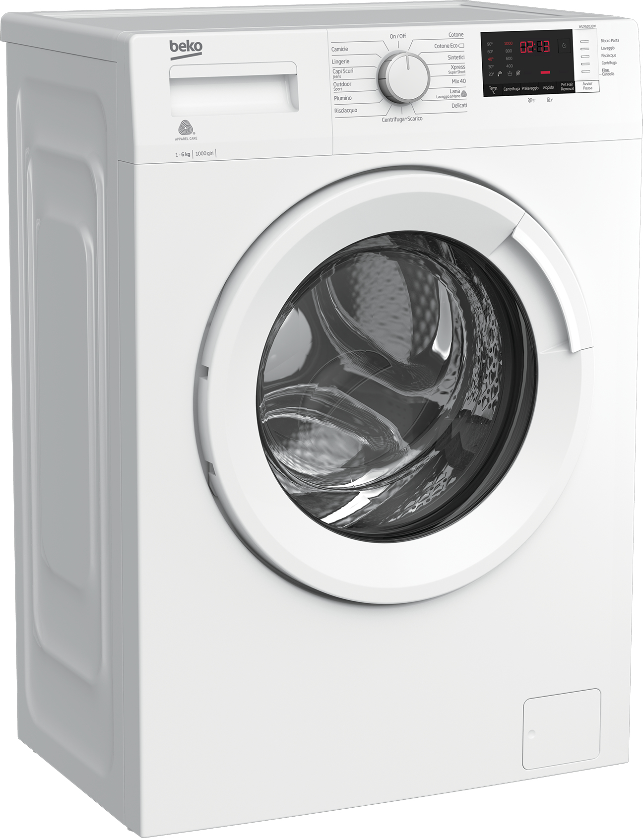 Lavatrice Beko bianca, vista tre quarti. Pannello di controllo e cestello visibili.