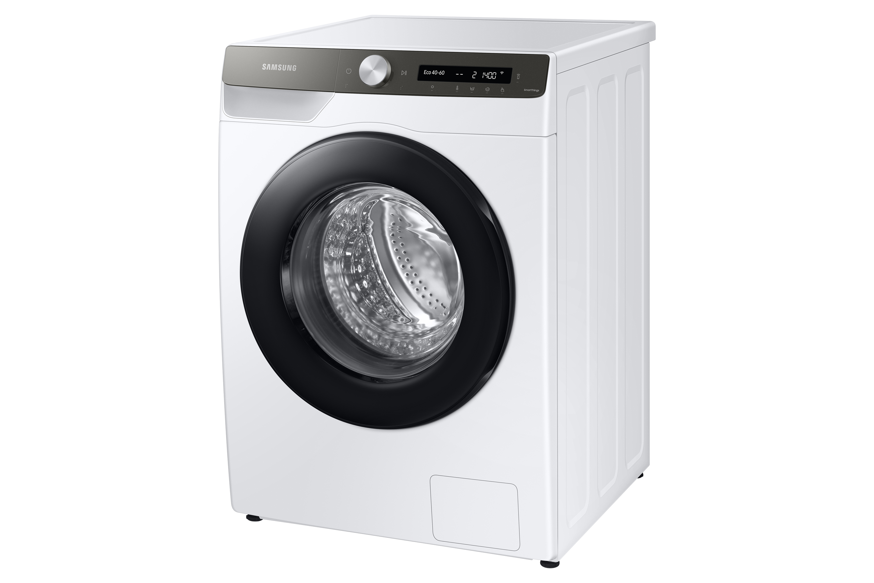 Lavatrice Samsung bianca, con porta nera, finestra circolare in vetro e pannello comandi.