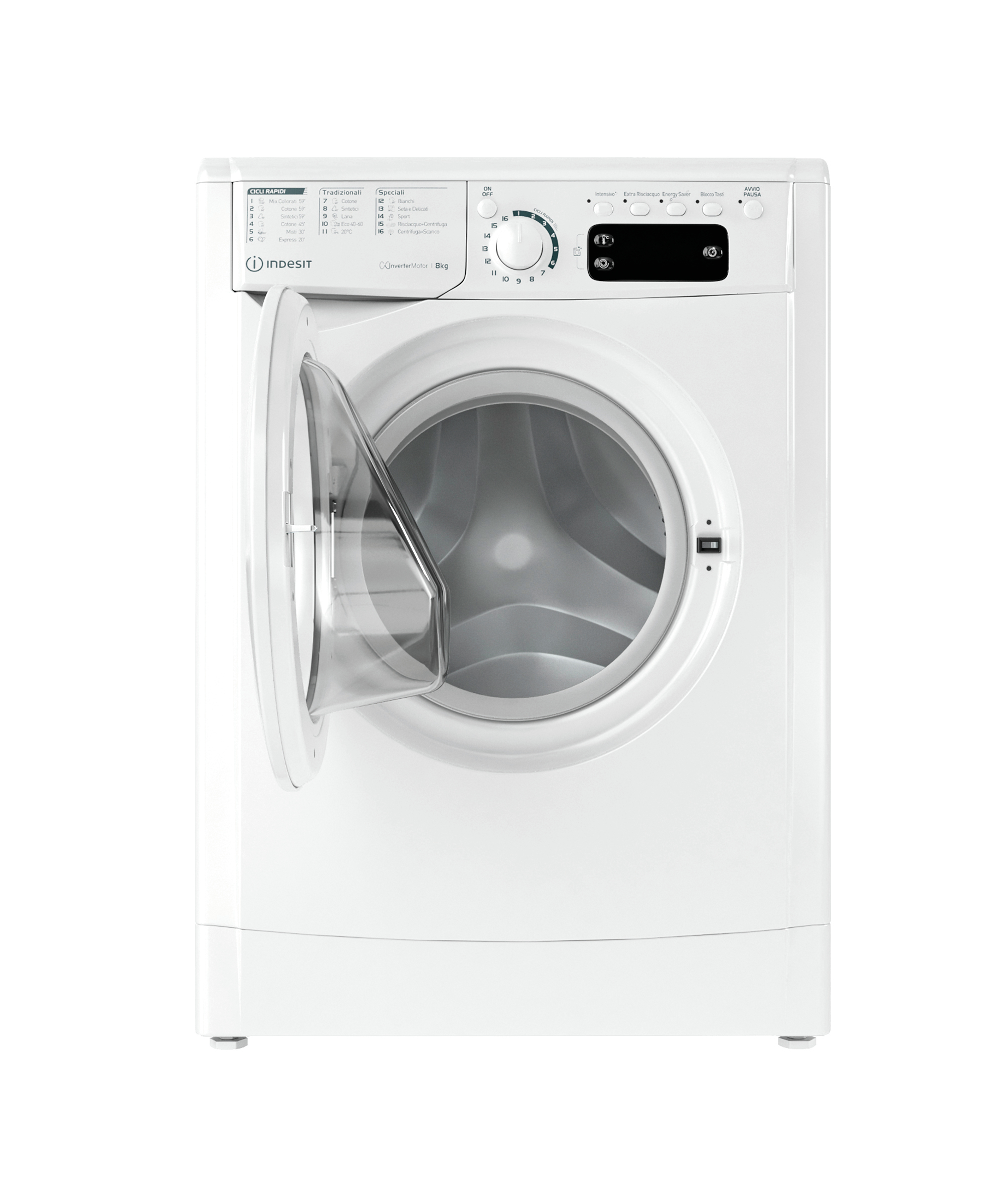 Lavatrice Indesit bianca con lo sportello aperto, che mostra il cestello. Il pannello di controllo è visibile.