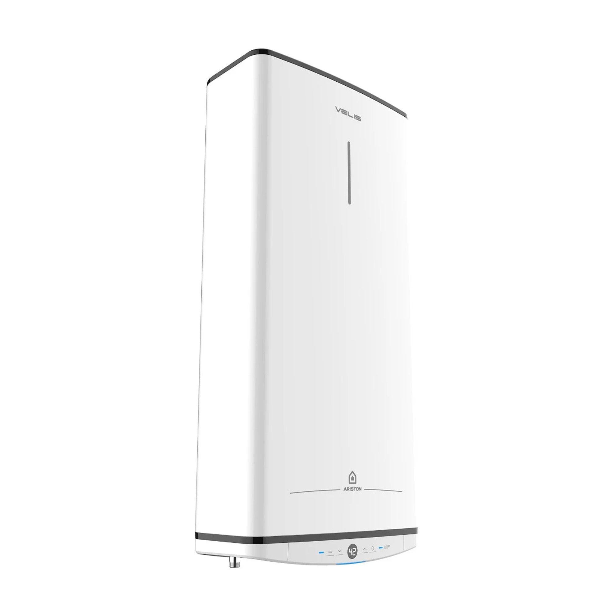 Witte, rechthoekige boiler. Ariston merk op de voorkant, met digitaal display en bediening.