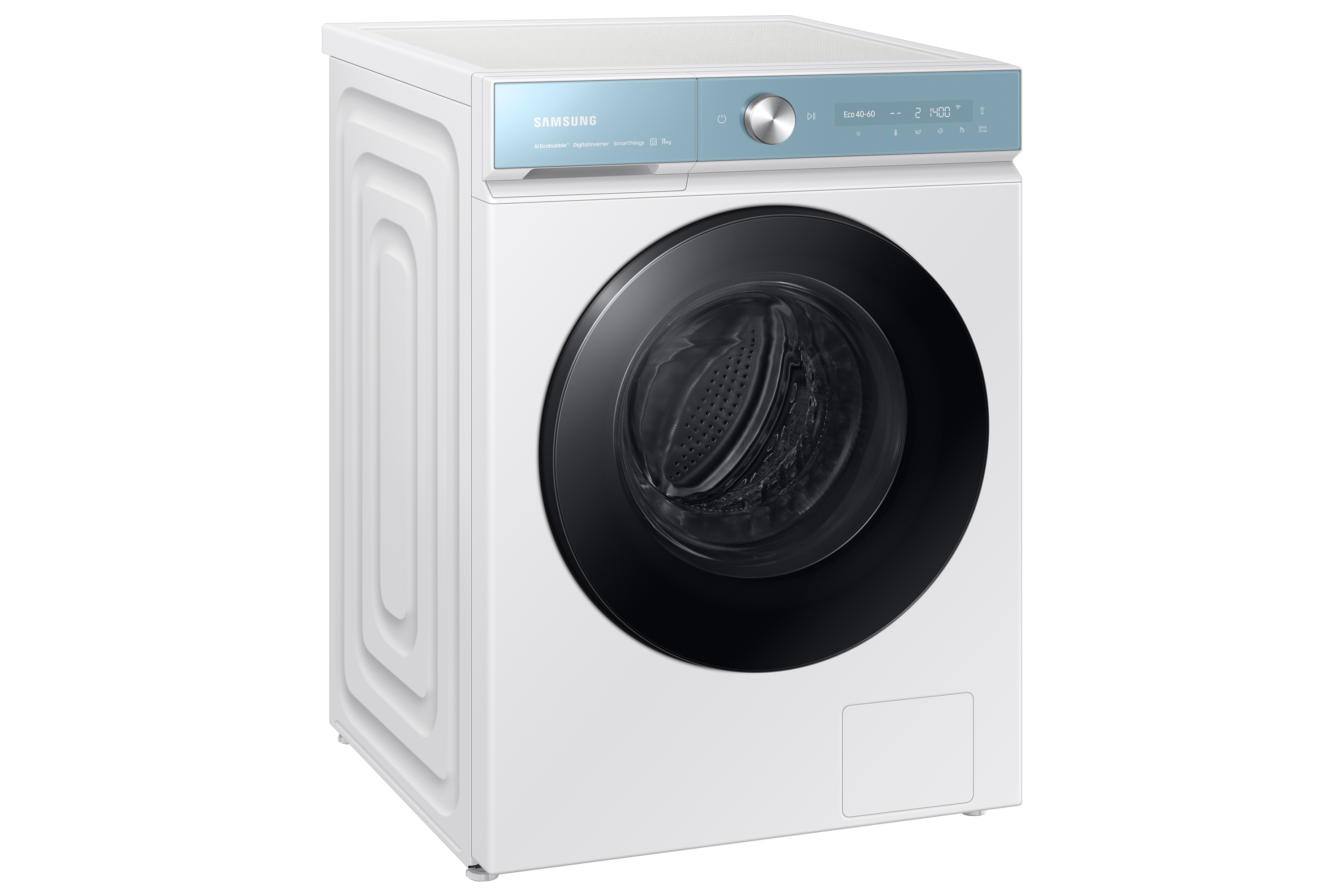 Lavatrice Samsung bianca con pannello superiore blu. Il cestello è visibile attraverso la porta nera.