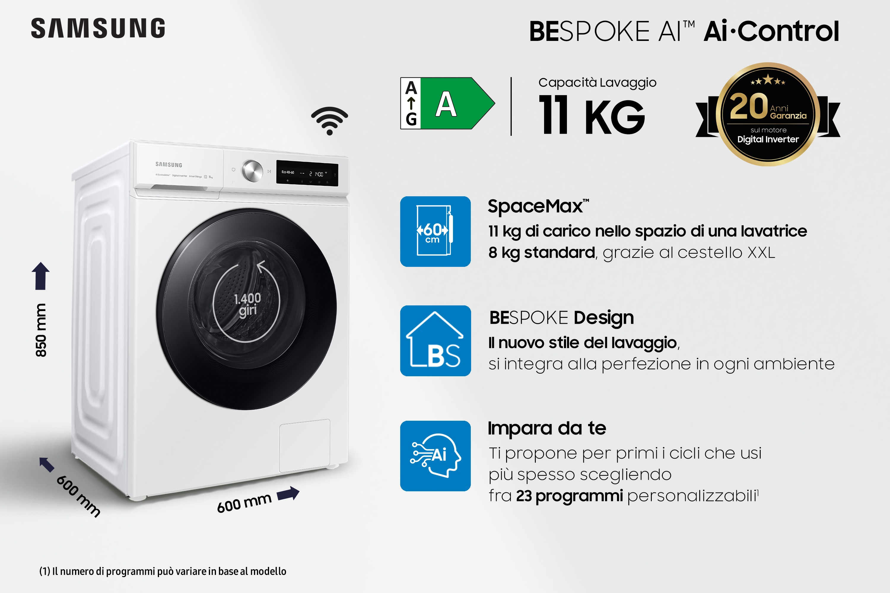 Lavatrice Samsung bianca con porta nera e pannello comandi, con dettagli su capacità e funzionalità.