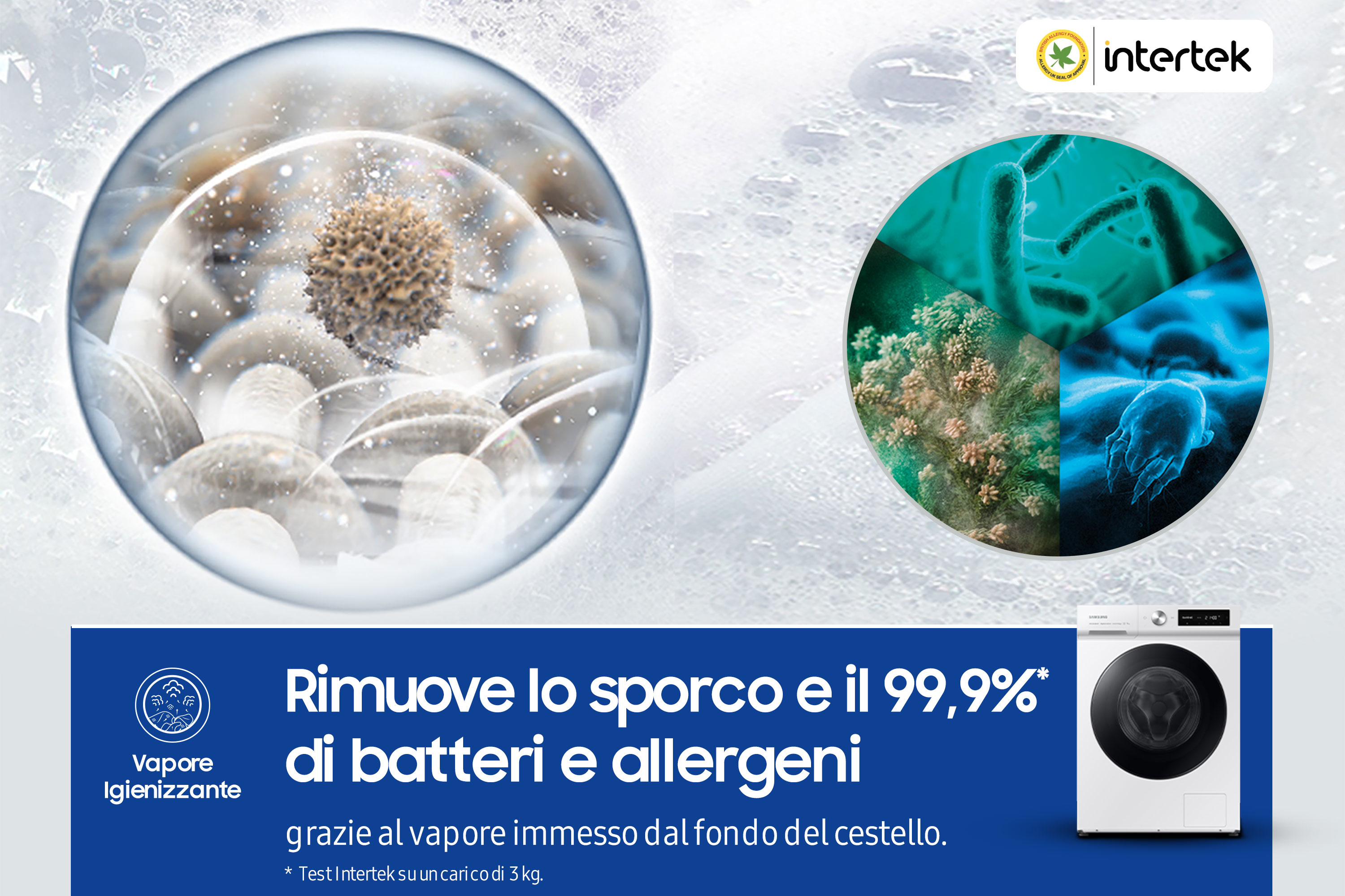 Immagine che mostra batteri e lavatrice con testo sulla rimozione di sporco e batteri.