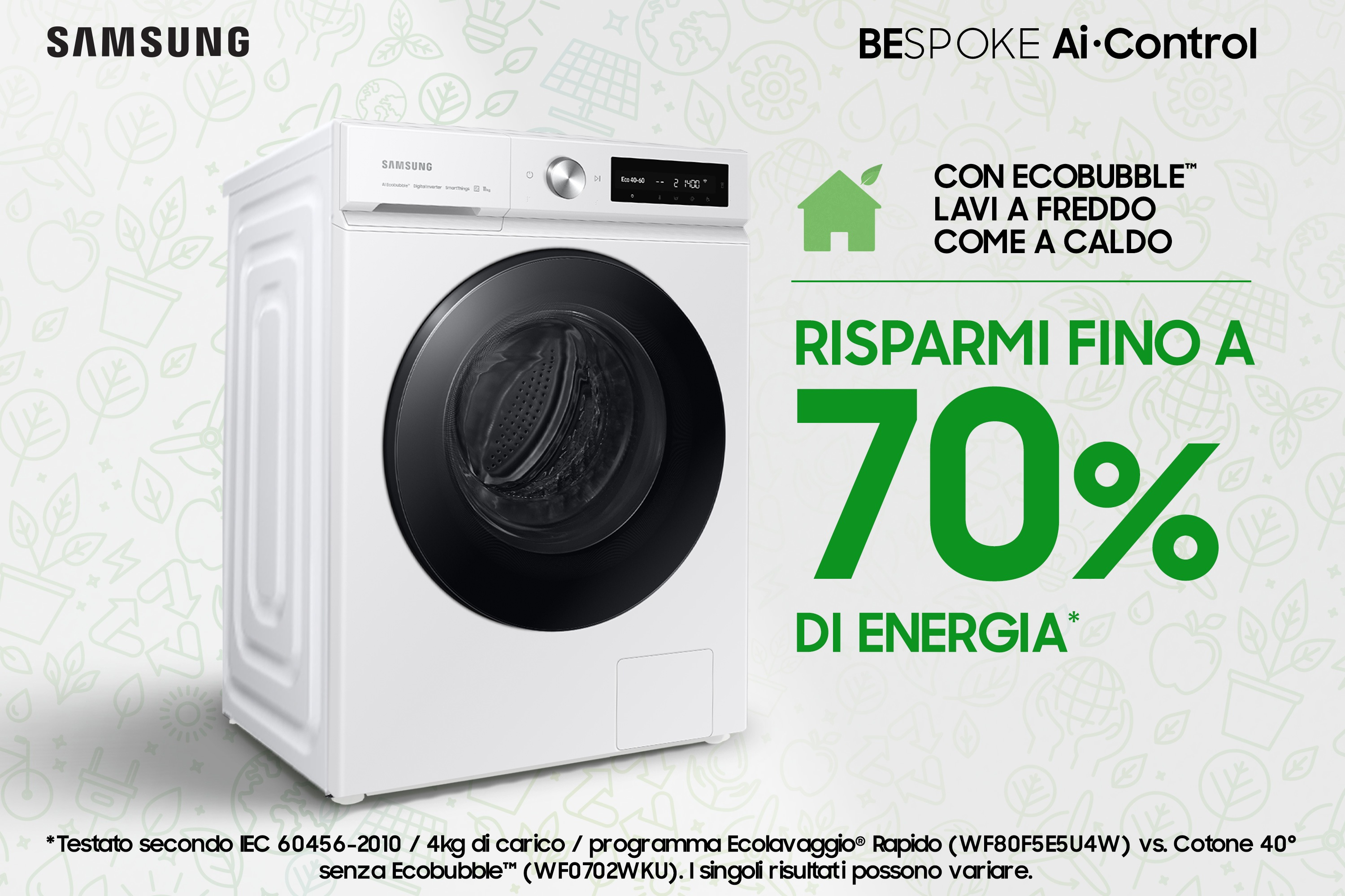 Lavatrice bianca con porta rotonda, testo sul risparmio energetico e nome del marchio.