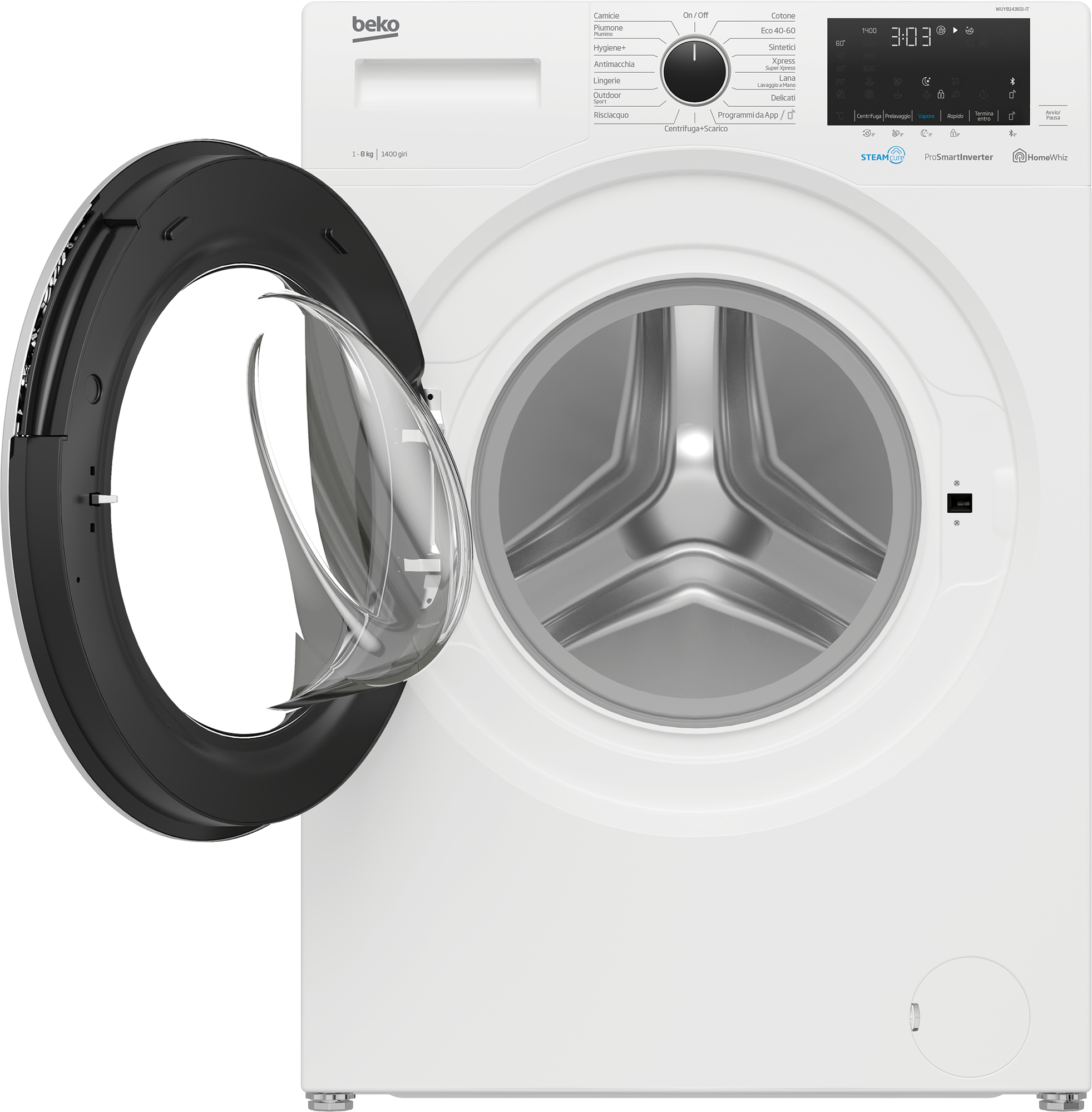 Lavatrice Beko bianca con porta aperta, che mostra il cestello interno.