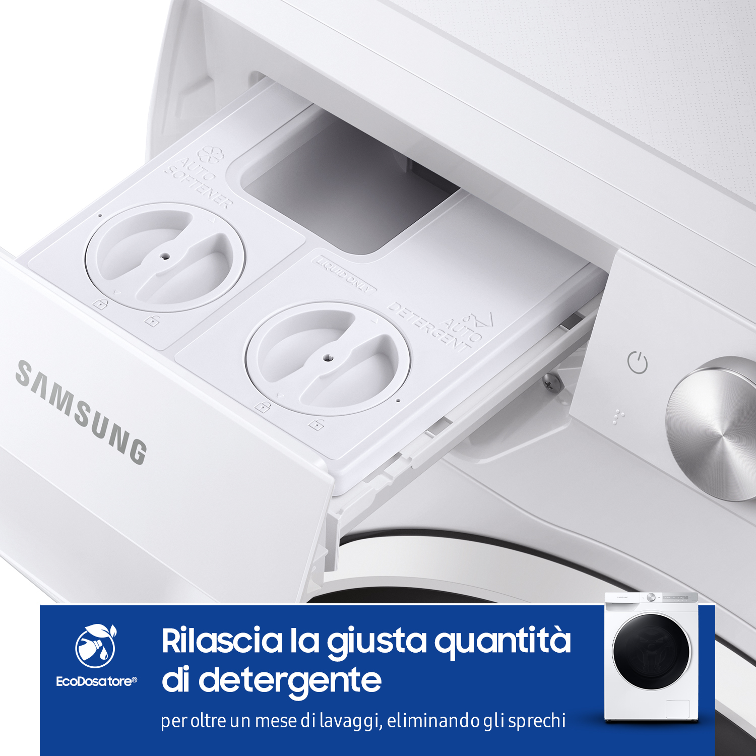 Cassetto del detersivo della lavatrice bianco. Il cassetto è aperto e mostra i scomparti per detersivo e ammorbidente.