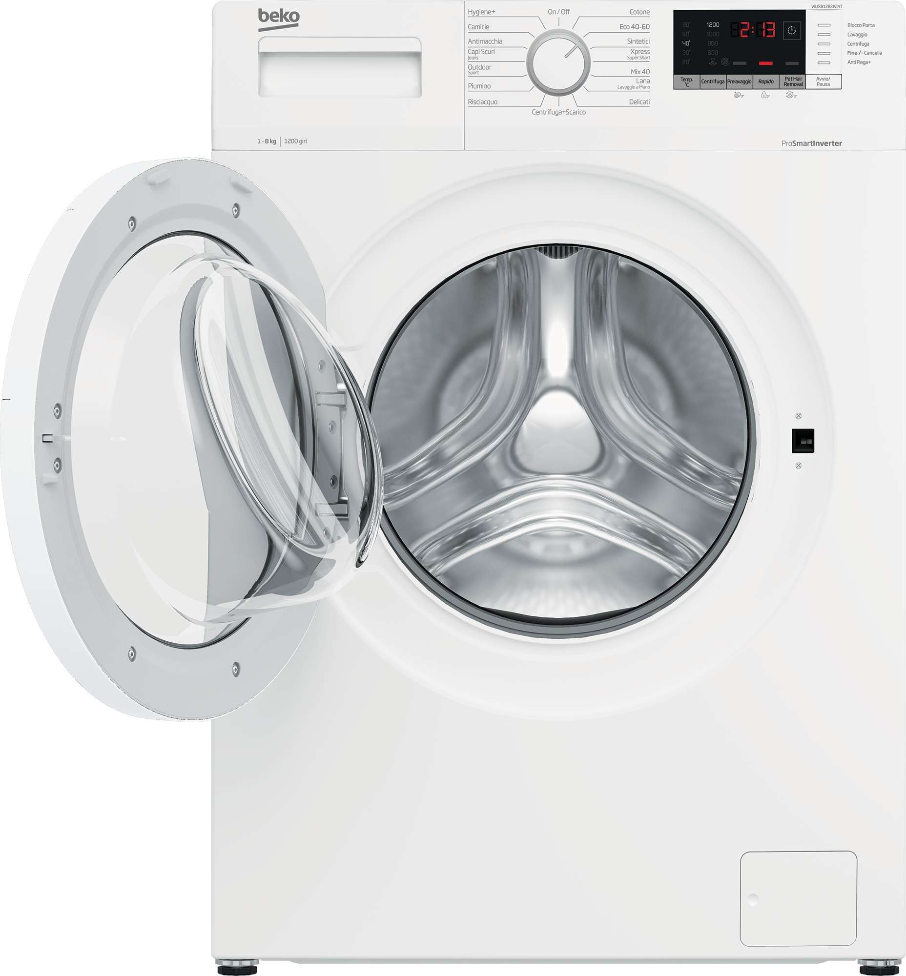 Lavatrice Beko bianca con porta aperta. Il pannello di controllo è visibile.