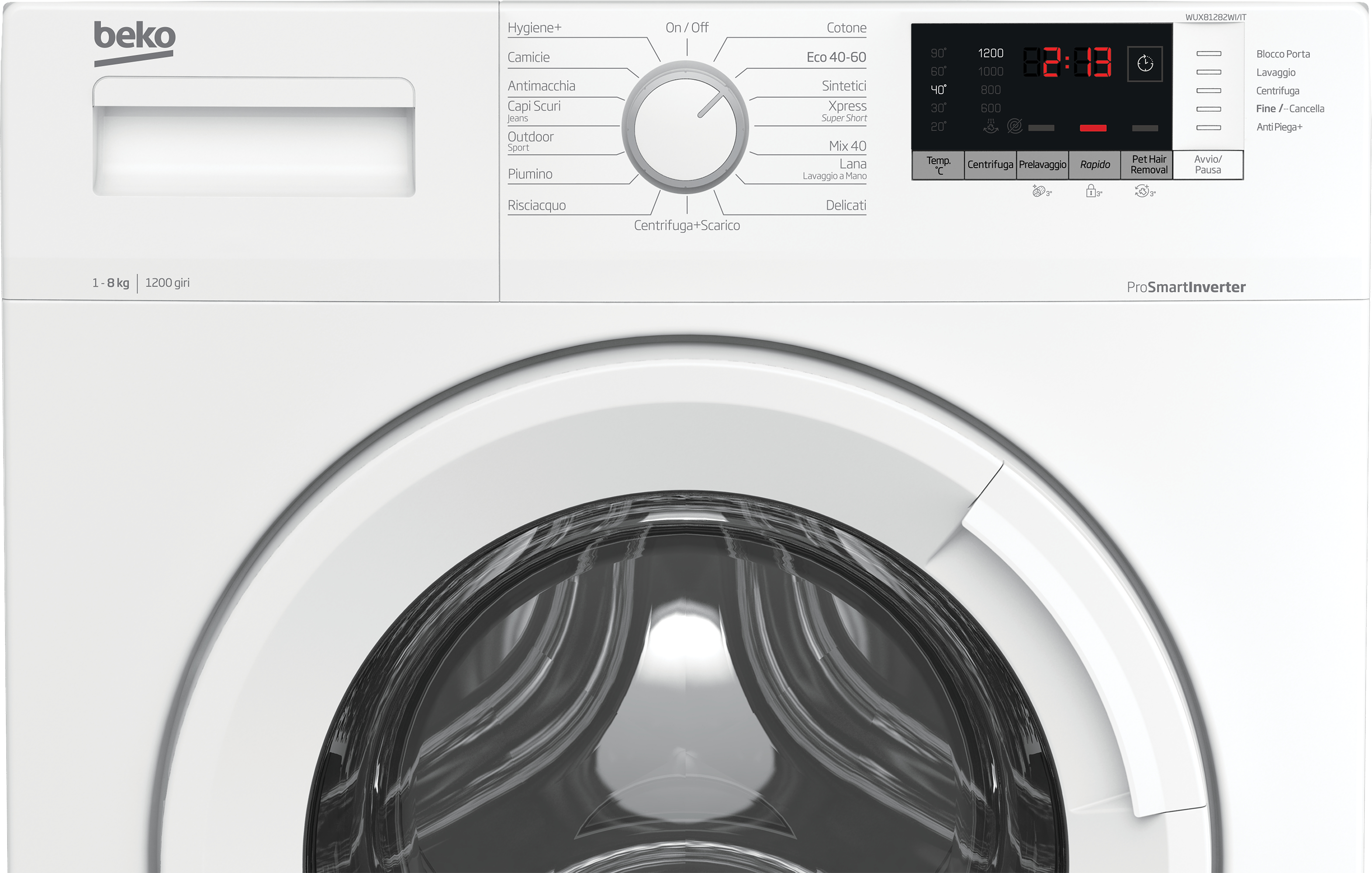 Una vista ravvicinata del pannello di controllo e dell'apertura del cestello di una lavatrice Beko bianca.