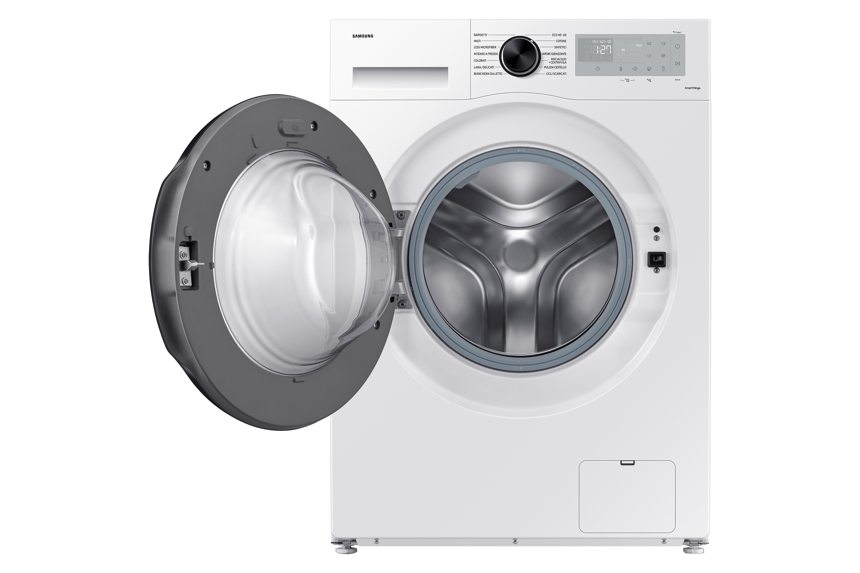 Lavadora Samsung blanca, puerta abierta mostrando tambor, fondo blanco.
