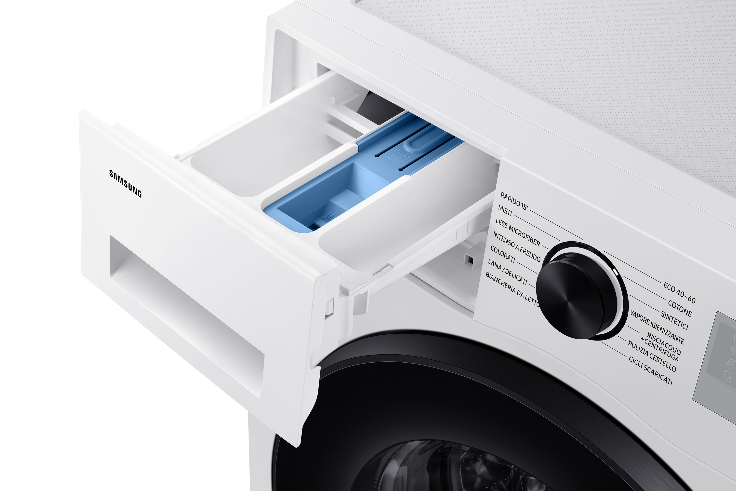 Primer plano del cajón de detergente de una lavadora Samsung blanca, parcialmente extraído.