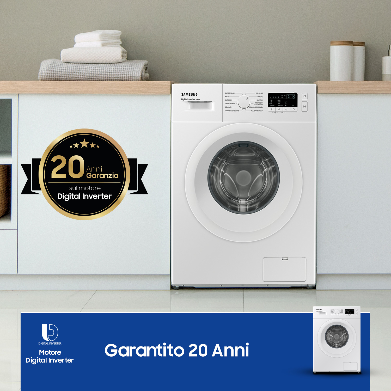 Lavadora Samsung blanca con una pancarta de garantía.