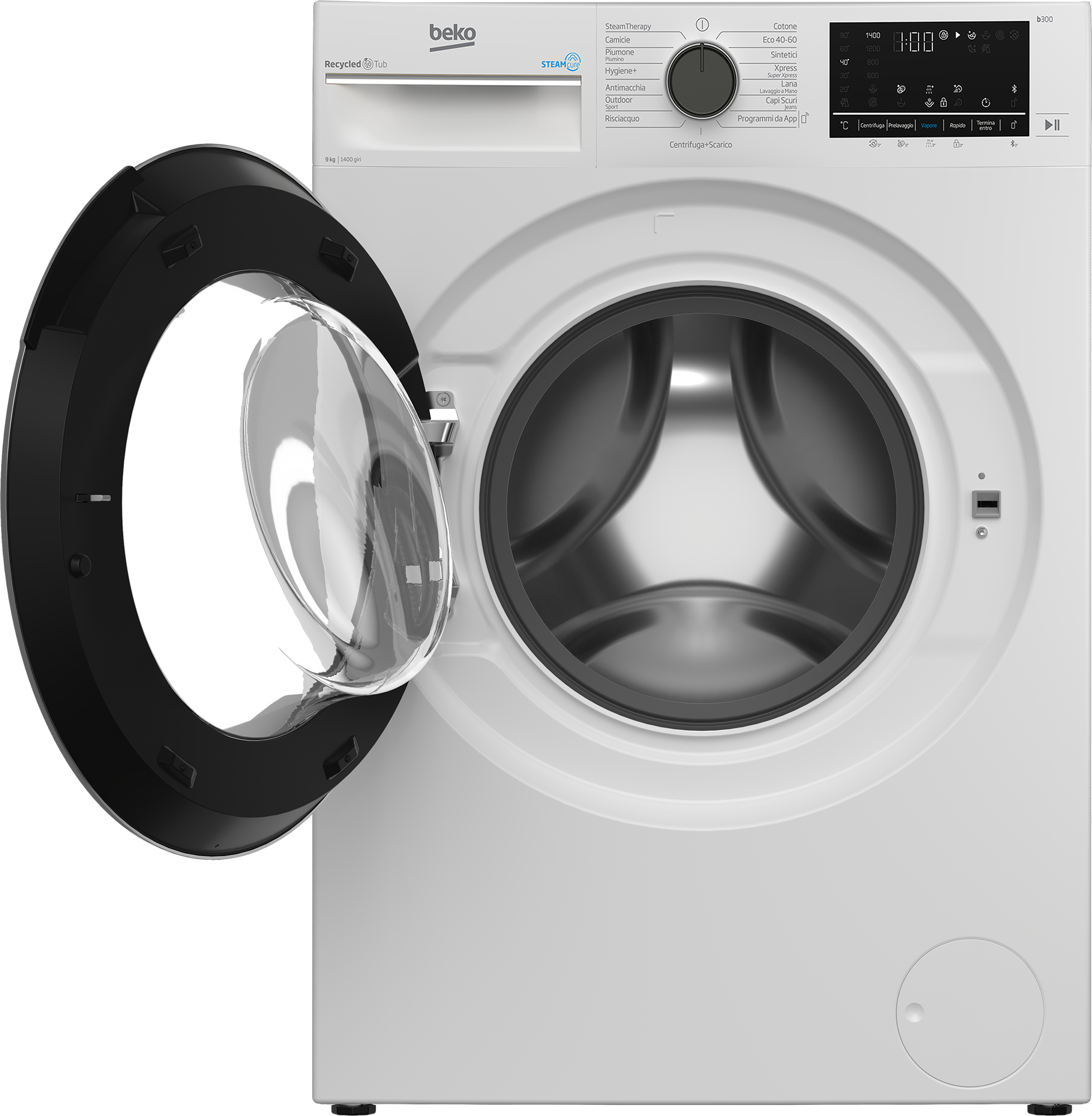 Lavatrice Beko, porta aperta. Corpo bianco. Porta nera. Pannello di controllo. Sfondo bianco.