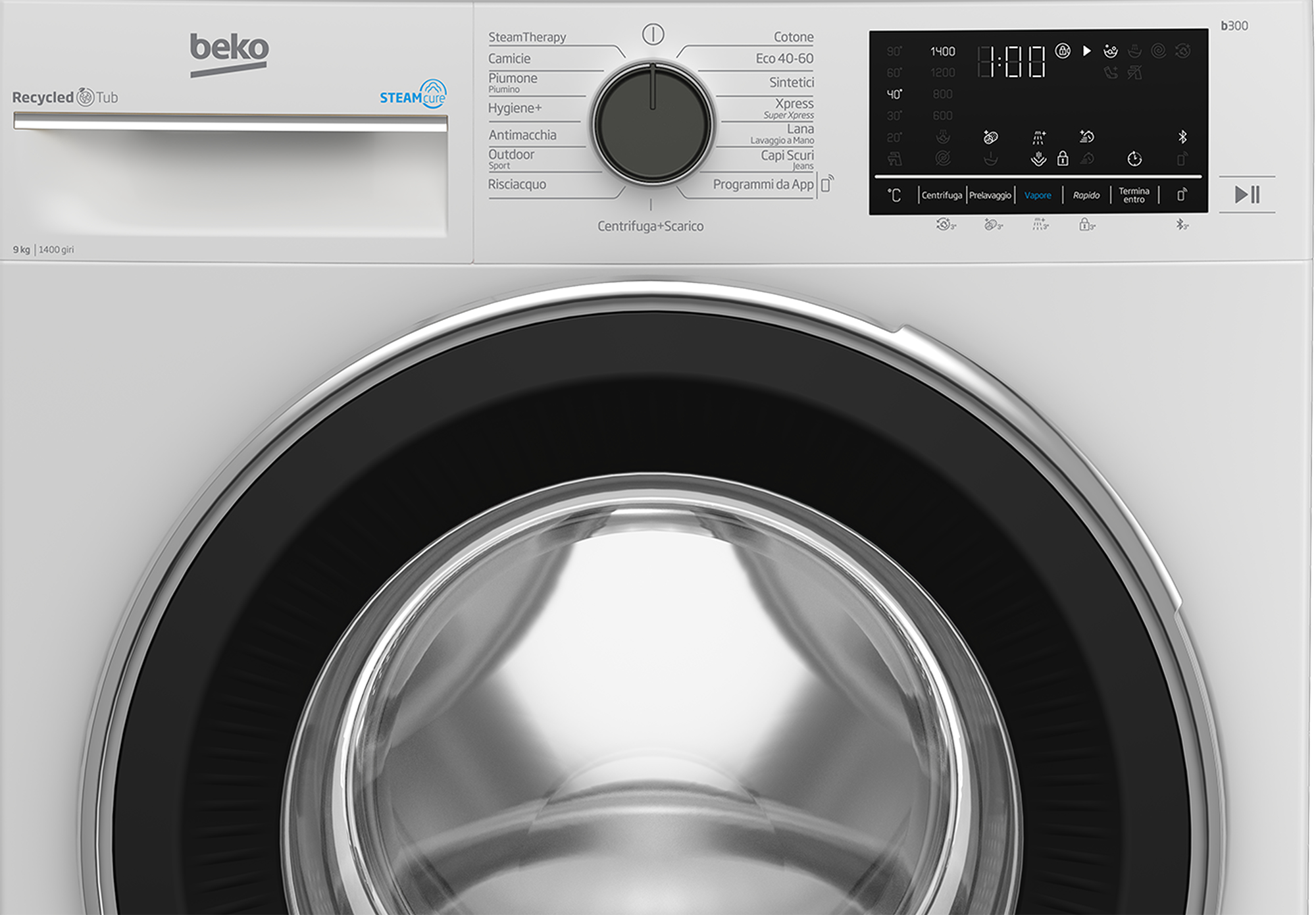 Primo piano del pannello di controllo di una lavatrice bianca con porta nera. Marchio Beko in alto.