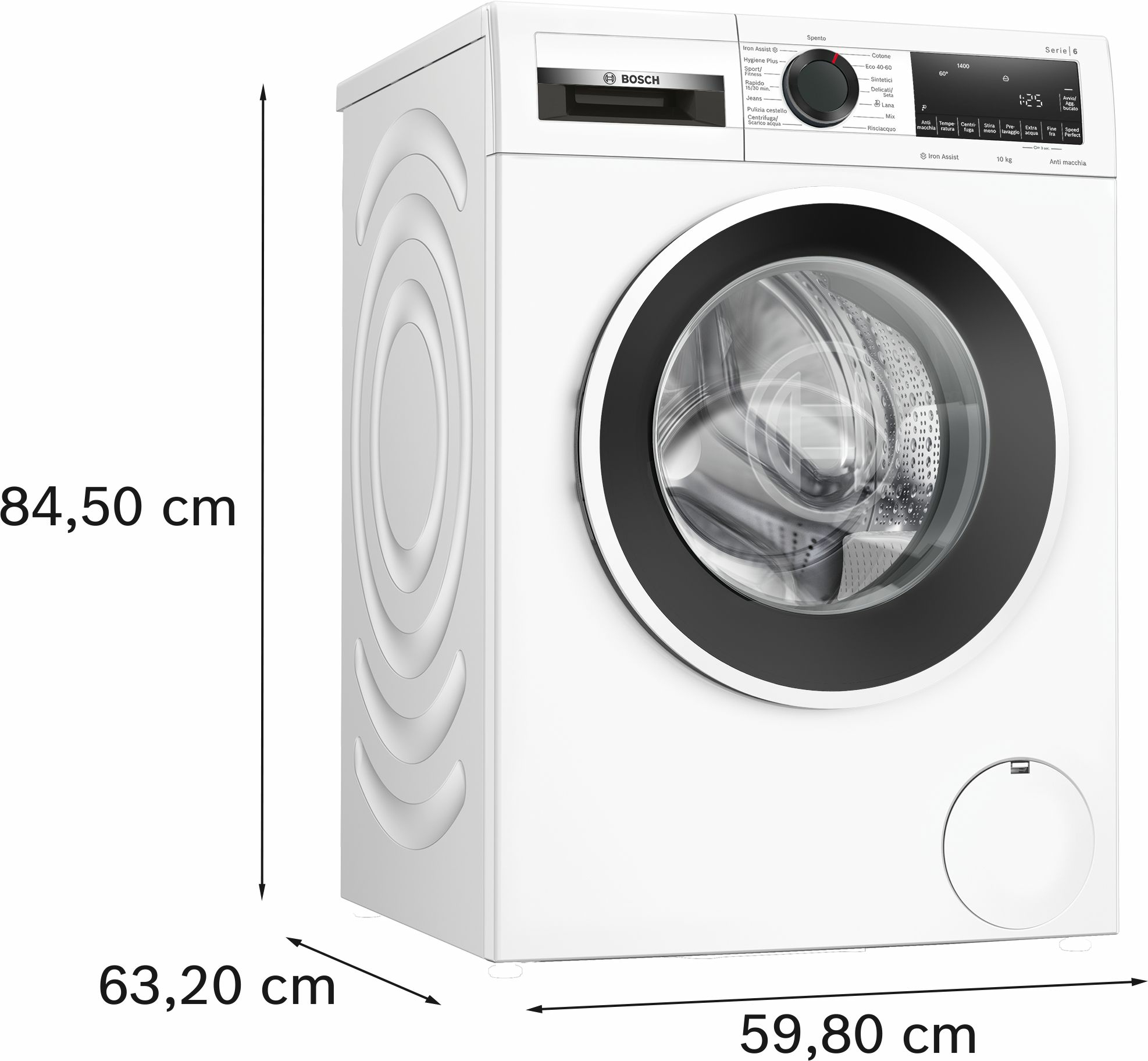 Una lavatrice Bosch bianca con dimensioni in centimetri. Ha la porta nera.