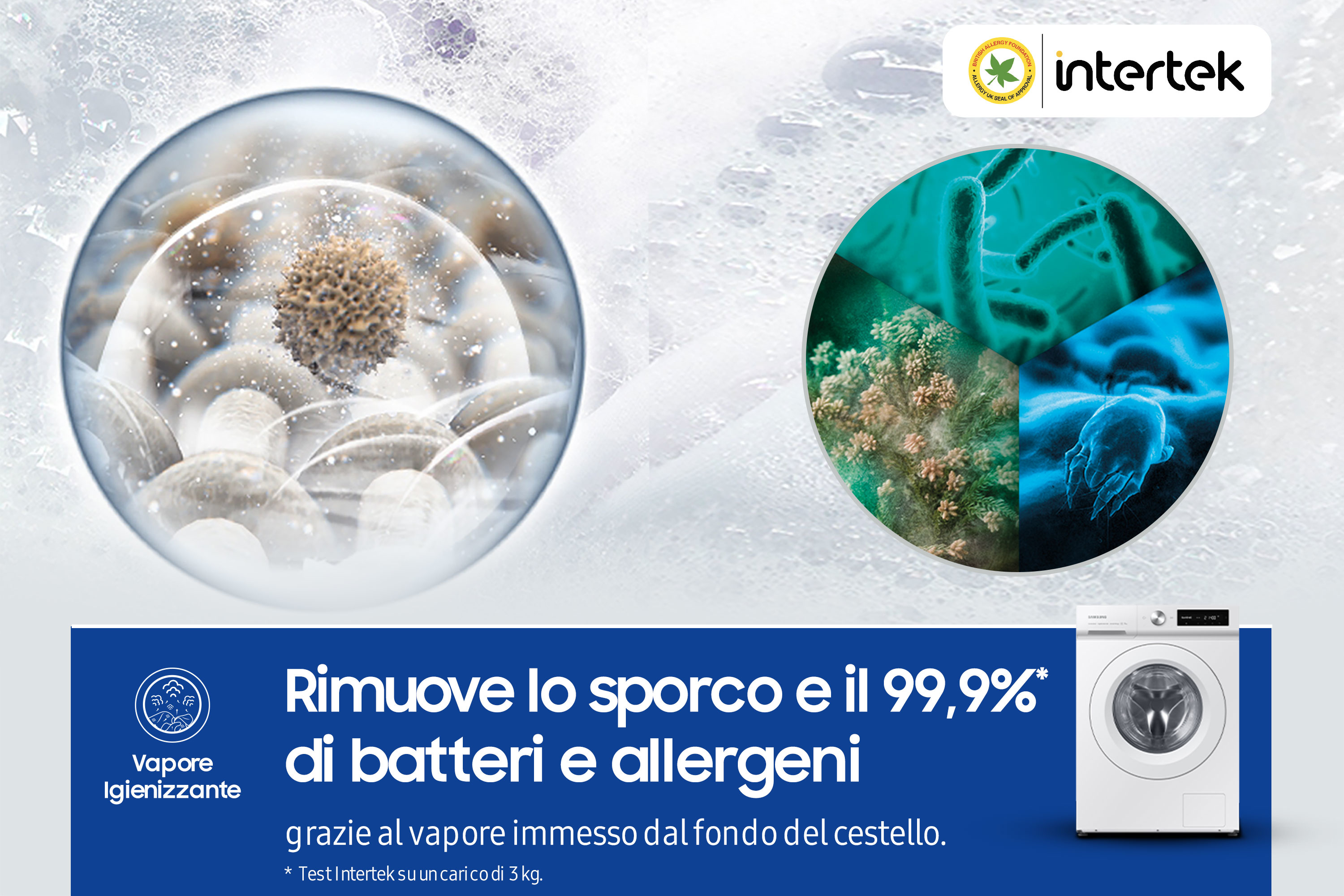 Una pubblicità che mostra una lavatrice e un'illustrazione dettagliata del bucato igienizzato.