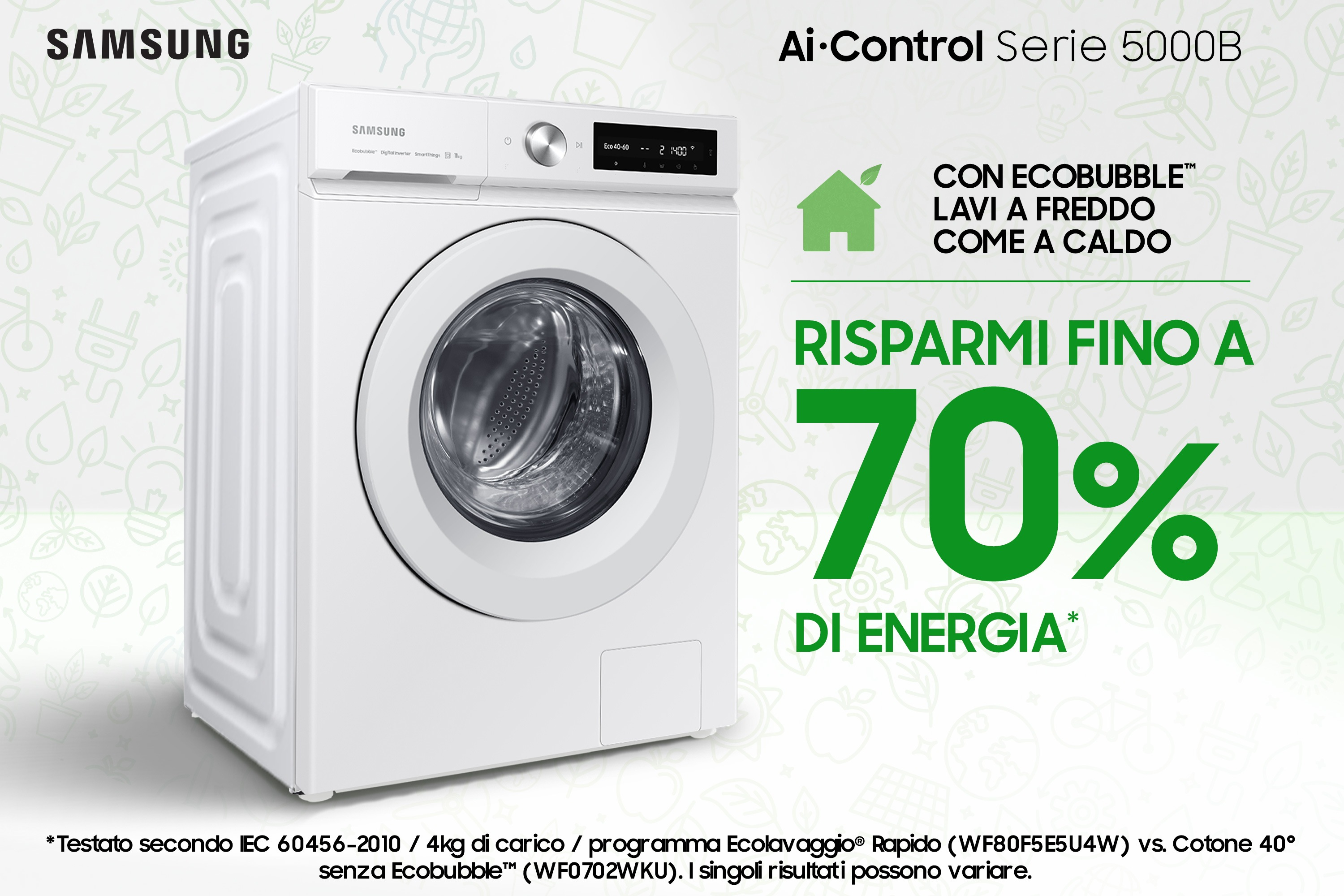 Lavatrice Samsung bianca, Ai-Control Serie 5000B, con testo e icona risparmio energetico.