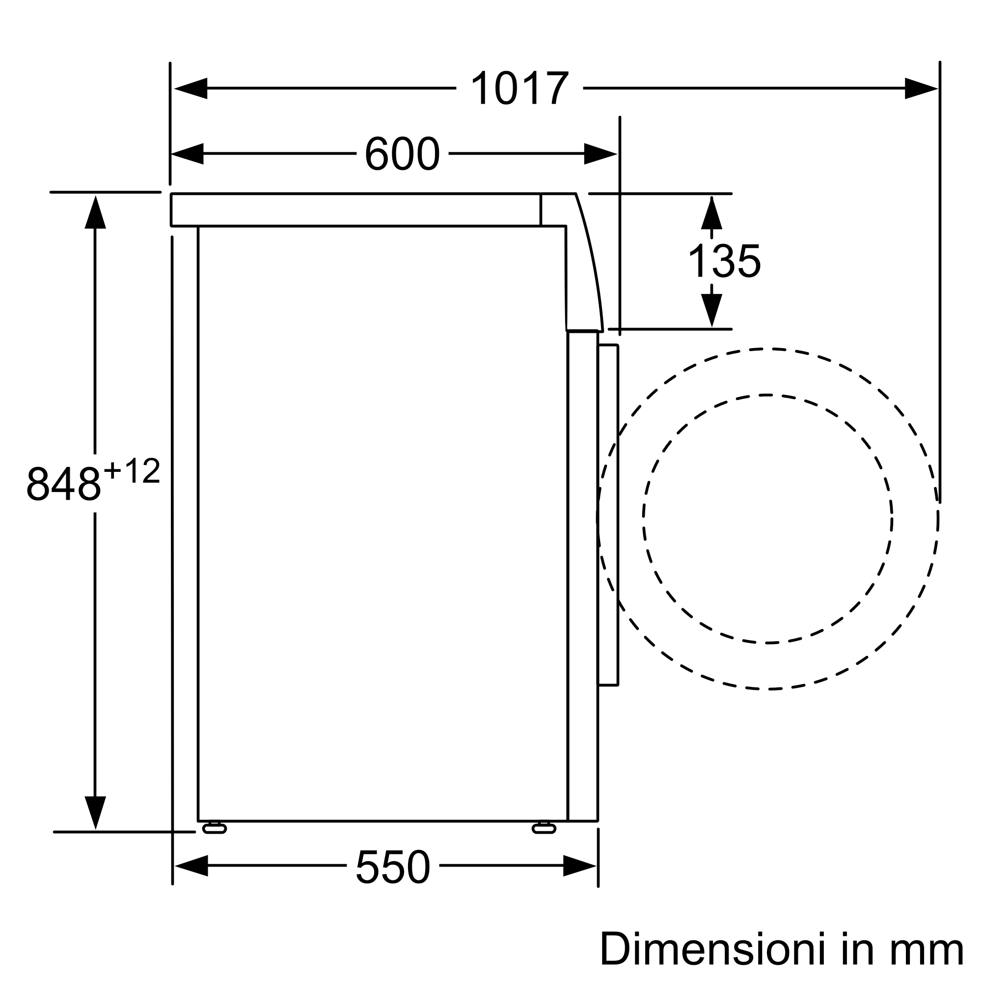Disegno tecnico di una lavatrice, con dimensioni in millimetri.