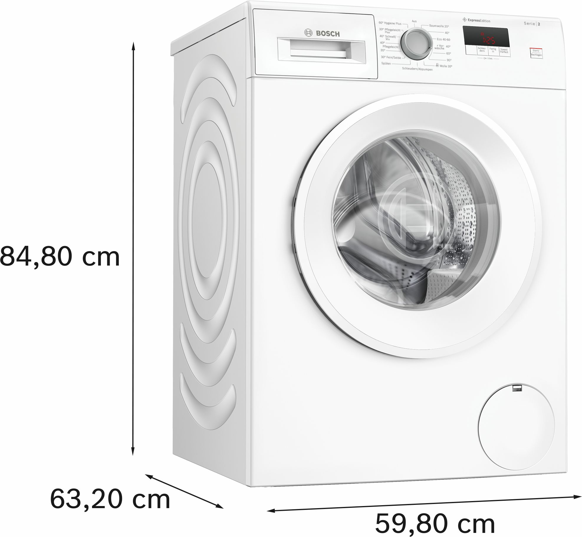 Weiße Waschmaschine mit Abmessungen in cm beschriftet.