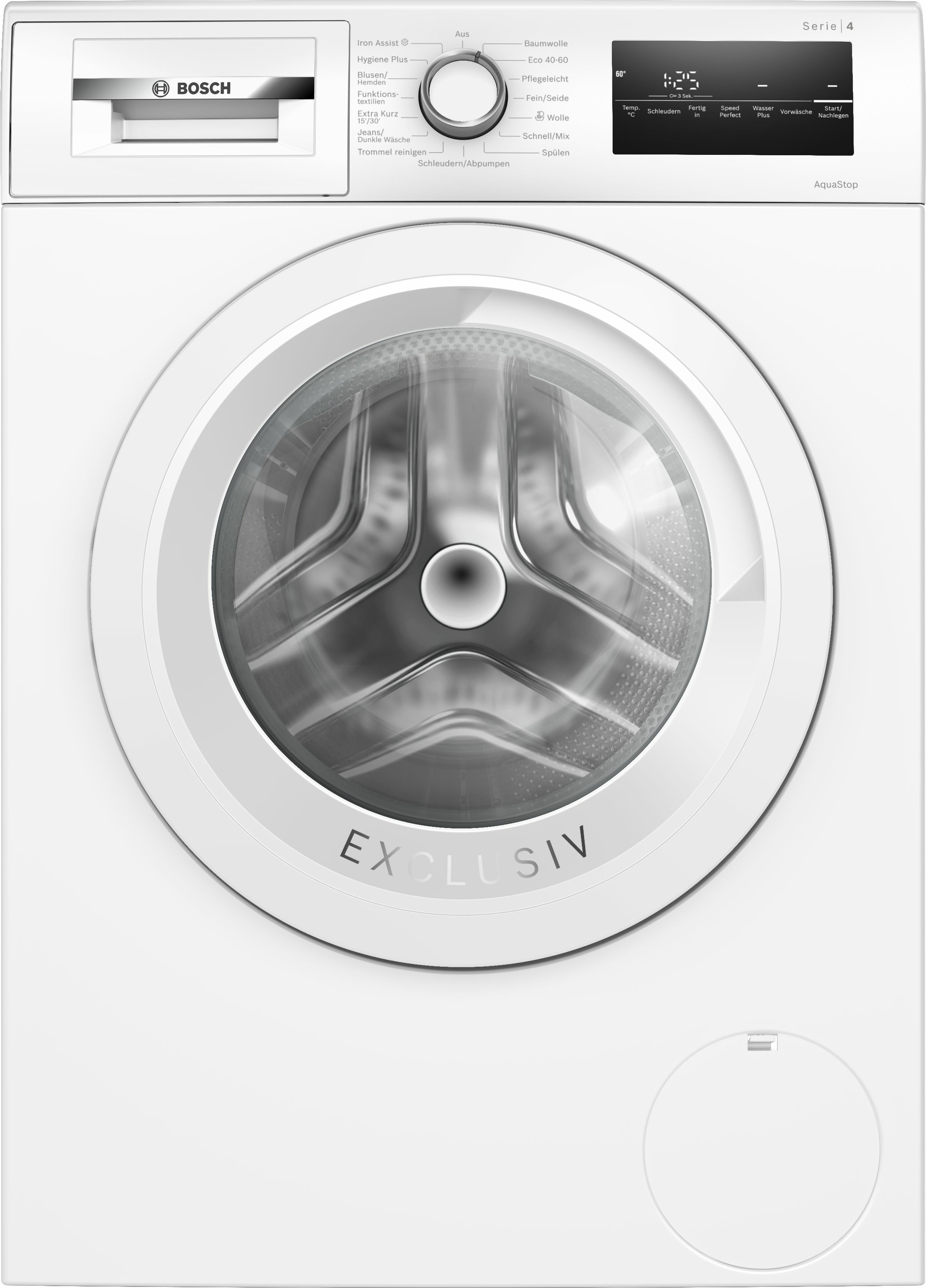 Weiße Bosch Waschmaschine, Modell Serie 4, Vorderansicht. Bedienfeld mit Knöpfen und runder Tür.