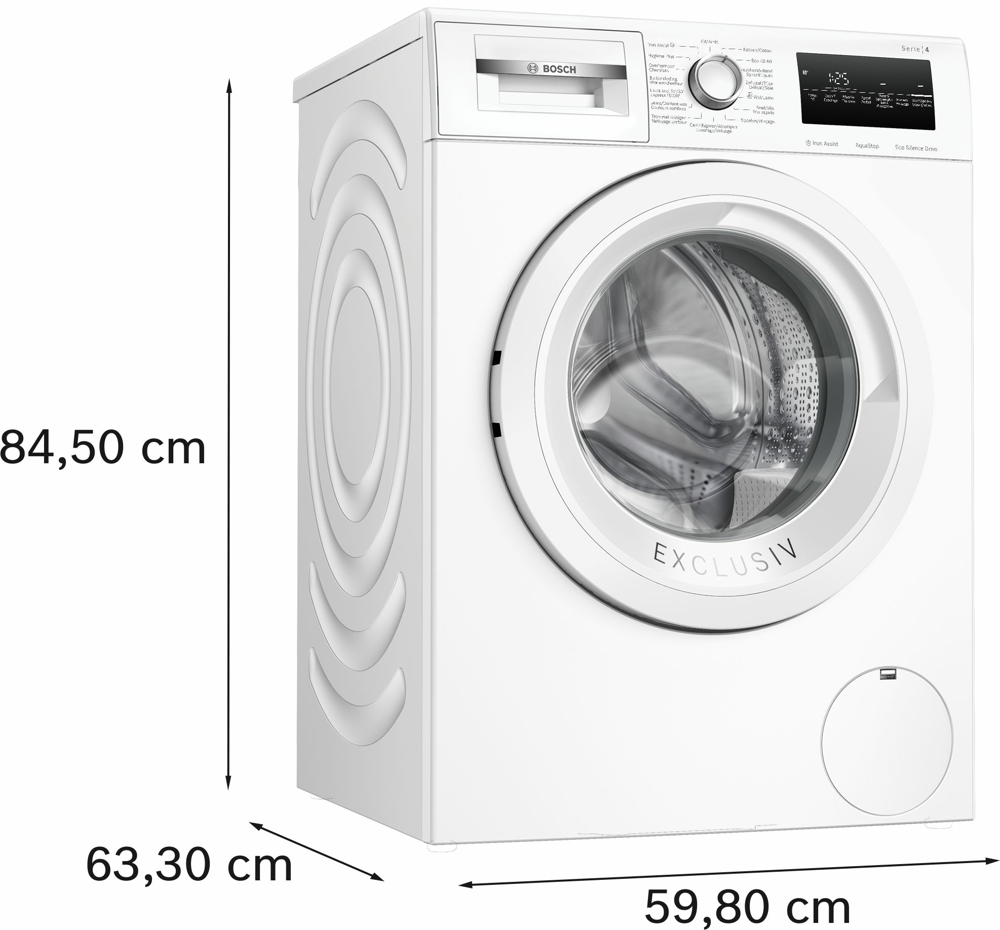Weiße Bosch Waschmaschine mit Maßen. Sie hat eine runde Tür und Digitalanzeige oben.