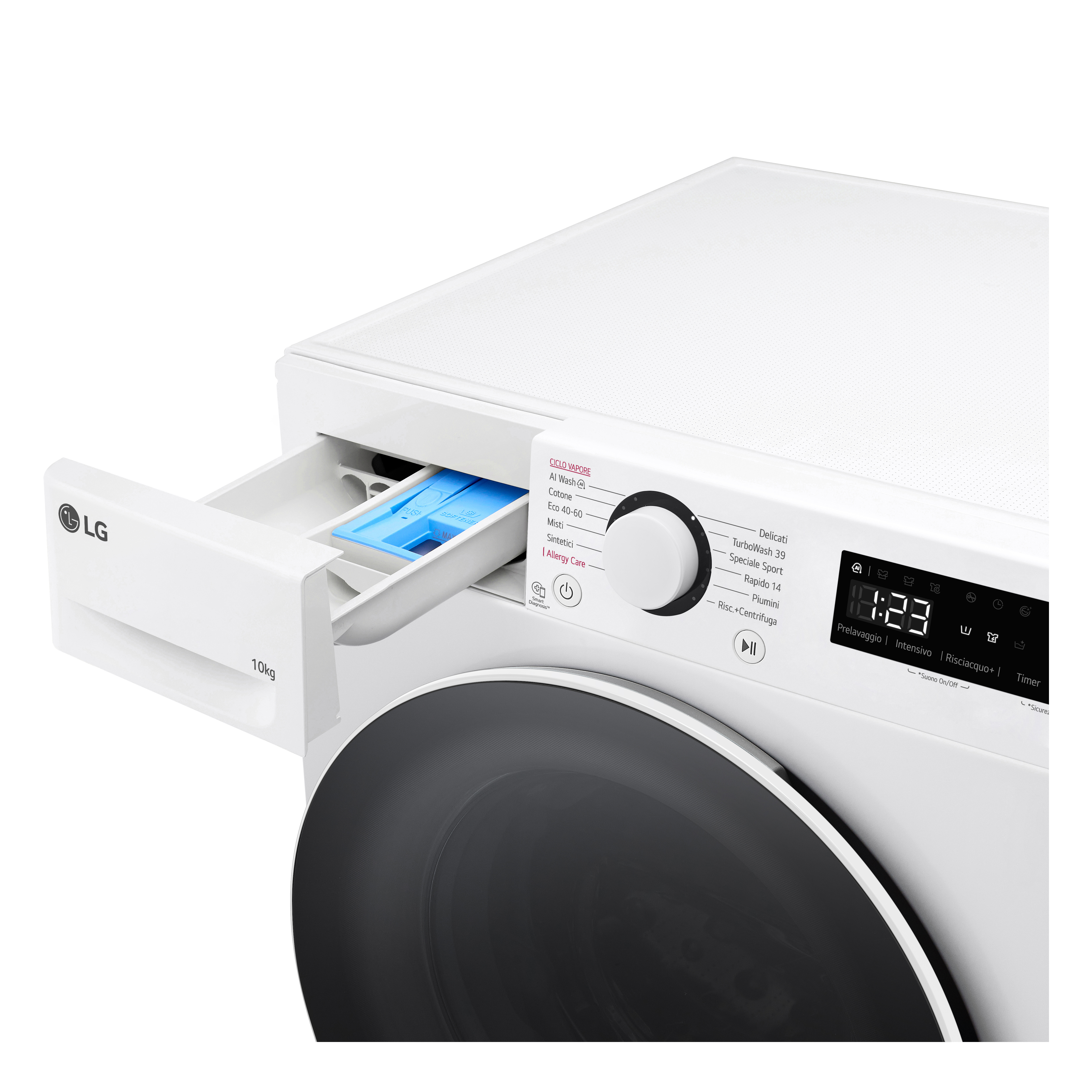 Lavatrice LG bianca, cassetto del detersivo estratto, comandi in alto, porta chiusa, capacità 10 kg.