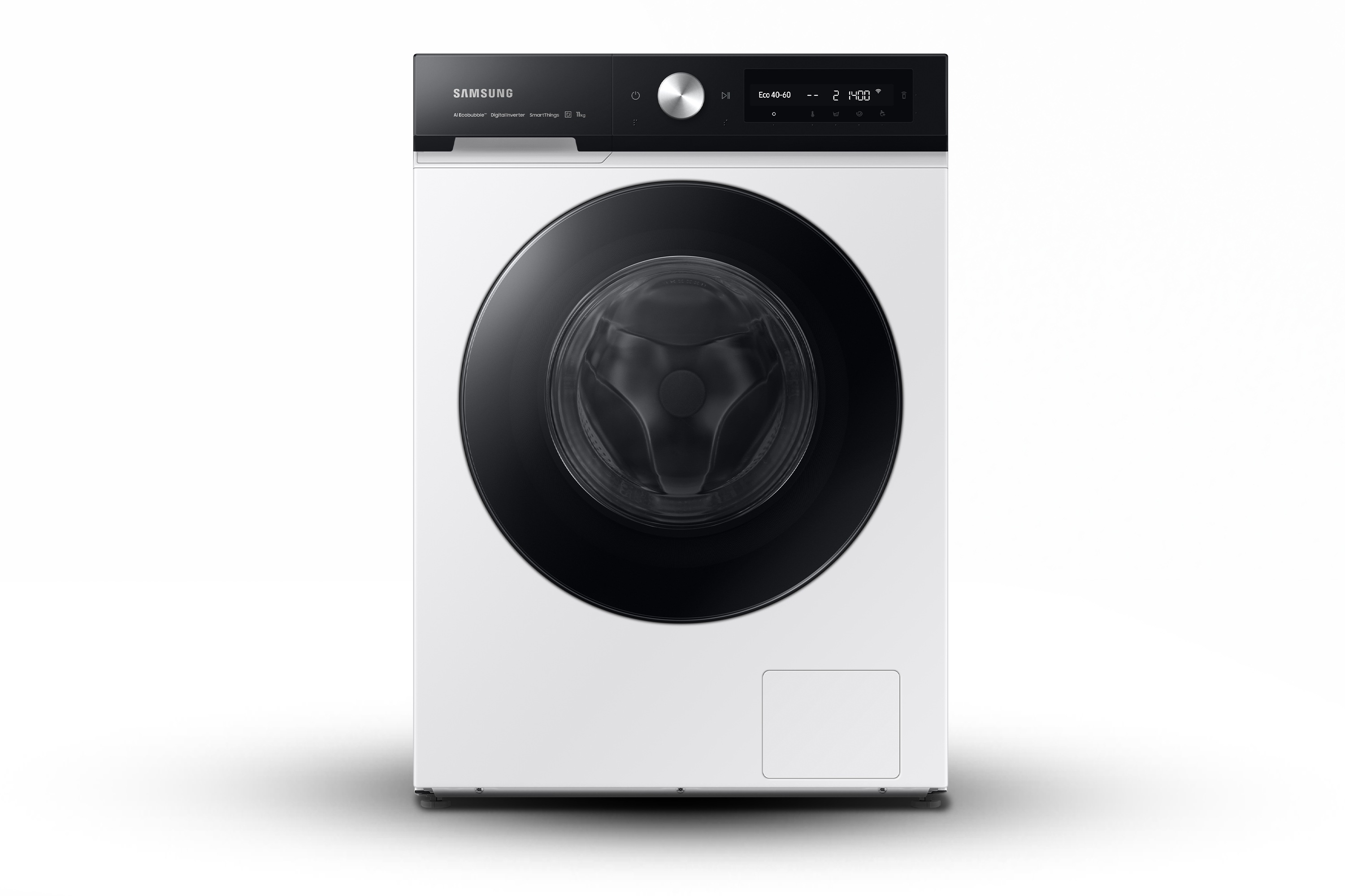 Lavatrice Samsung bianca con porta e display neri. Carica frontale, con interfaccia digitale.
