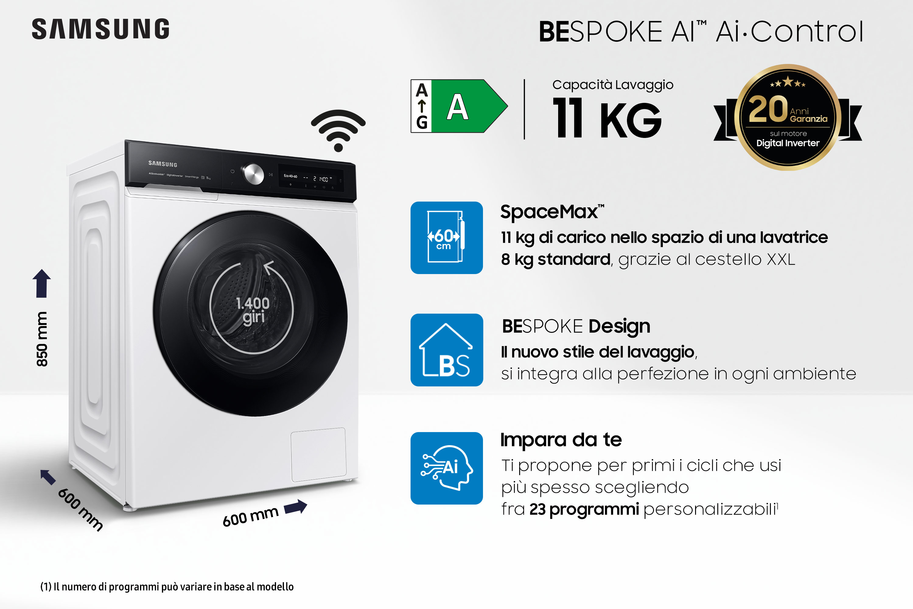 Lavatrice Samsung Bespoke AI bianca. Testo e icone descrivono capacità, caratteristiche e design a destra.