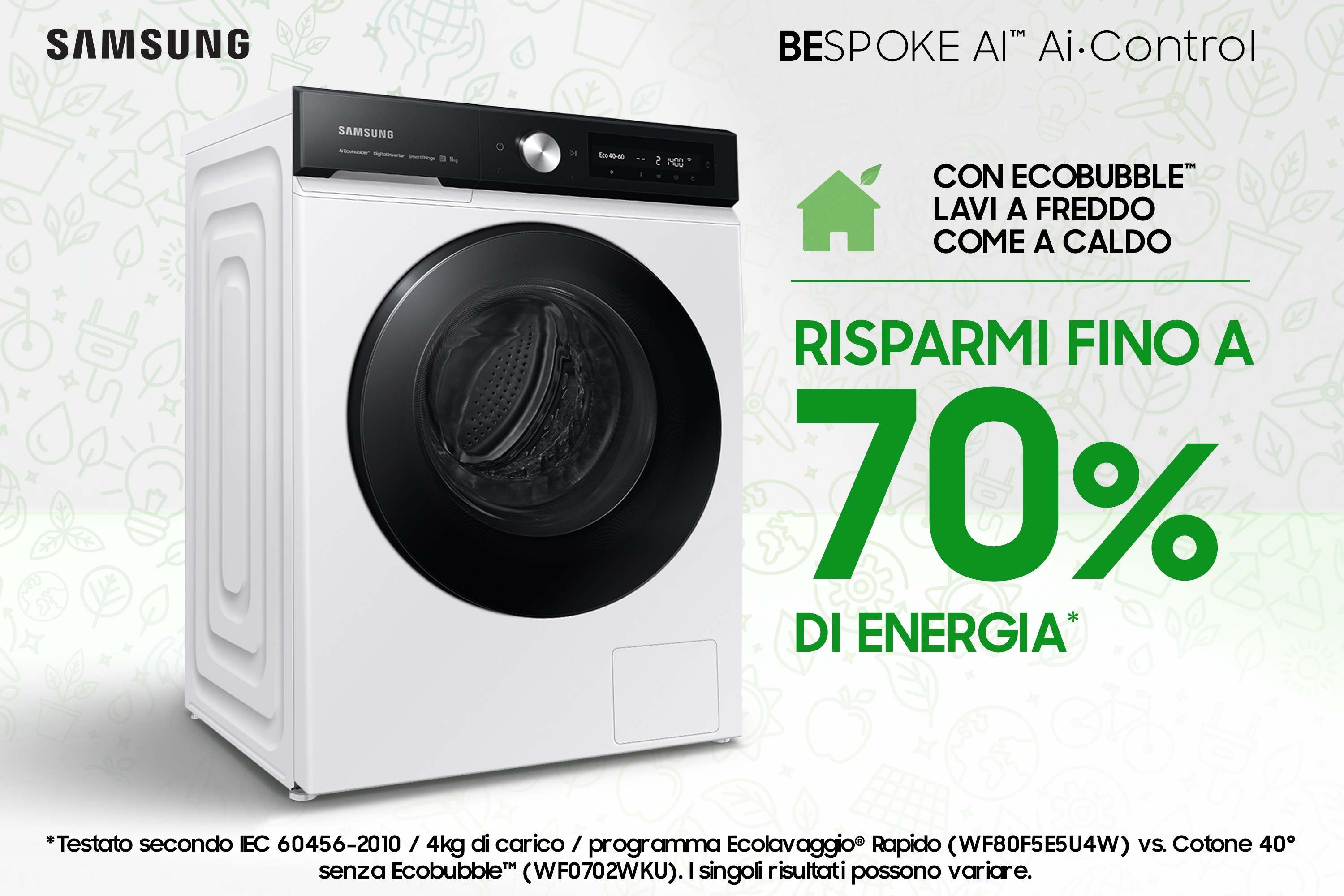 Lavatrice Samsung, bianca, con display digitale e testo promozionale sul risparmio energetico.