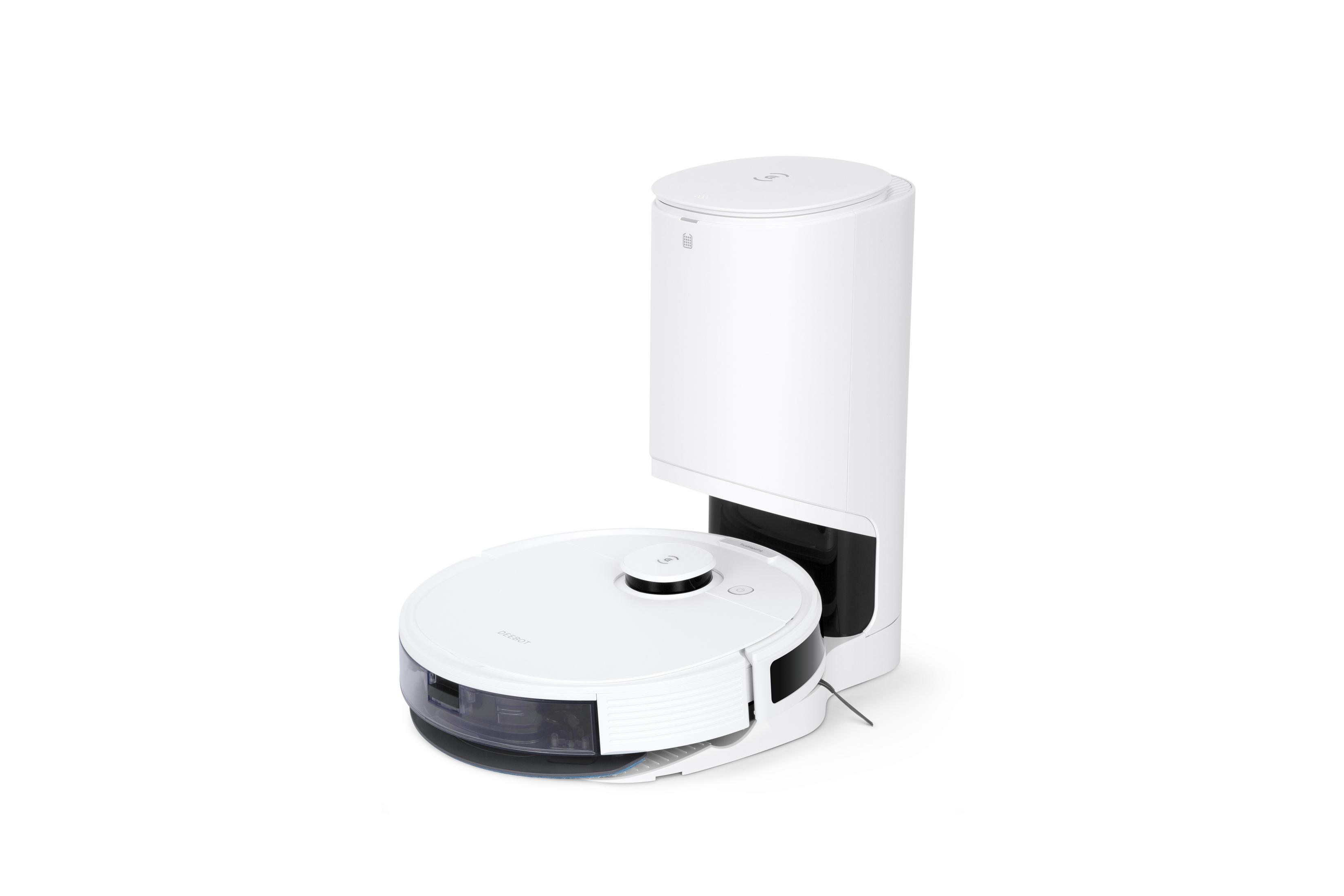 Weißer Roboter-Staubsauger mit zylindrischer Ladestation.