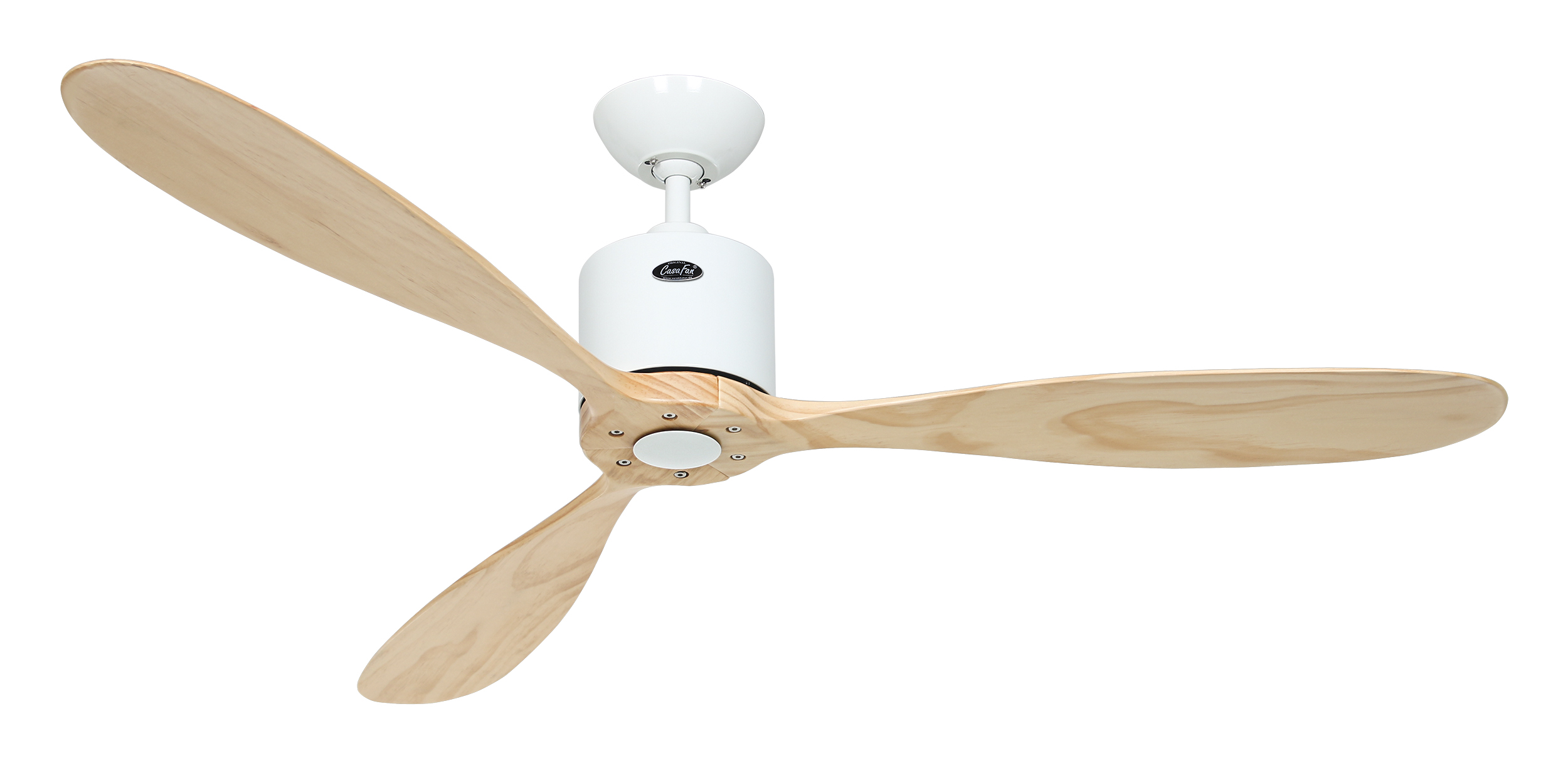 Ventilatore da soffitto bianco con tre pale in legno su sfondo bianco.