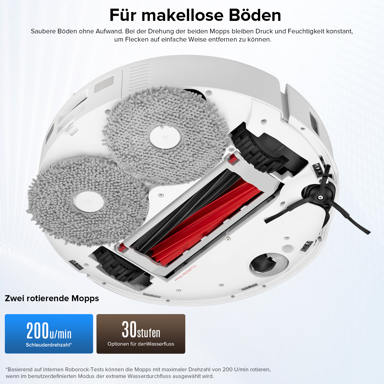 Komponenten eines Roboter-Staubsaugers: rotierende Mopps, Bürsten und Reinigungsteile.