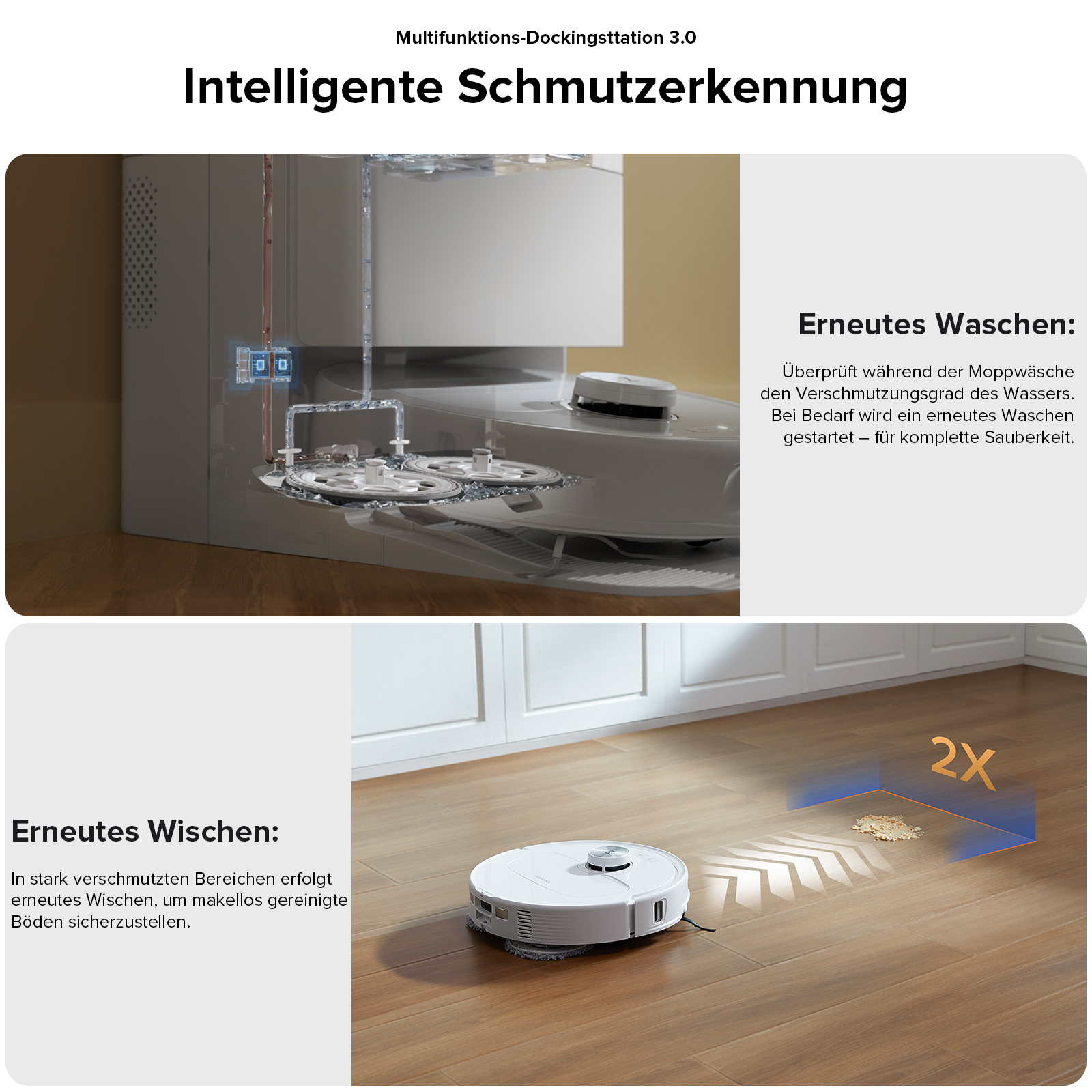 Roboterreiniger reinigt einen Boden, mit deutschem Text.