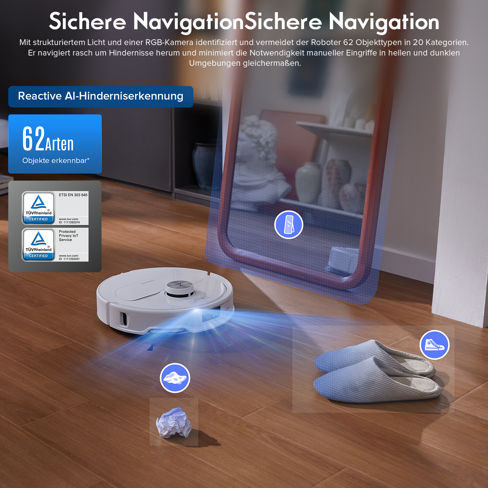 Roboter-Staubsauger auf dem Boden. Ein Spiegel und Hausschuhe im Hintergrund. Text zur Objekterkennung.