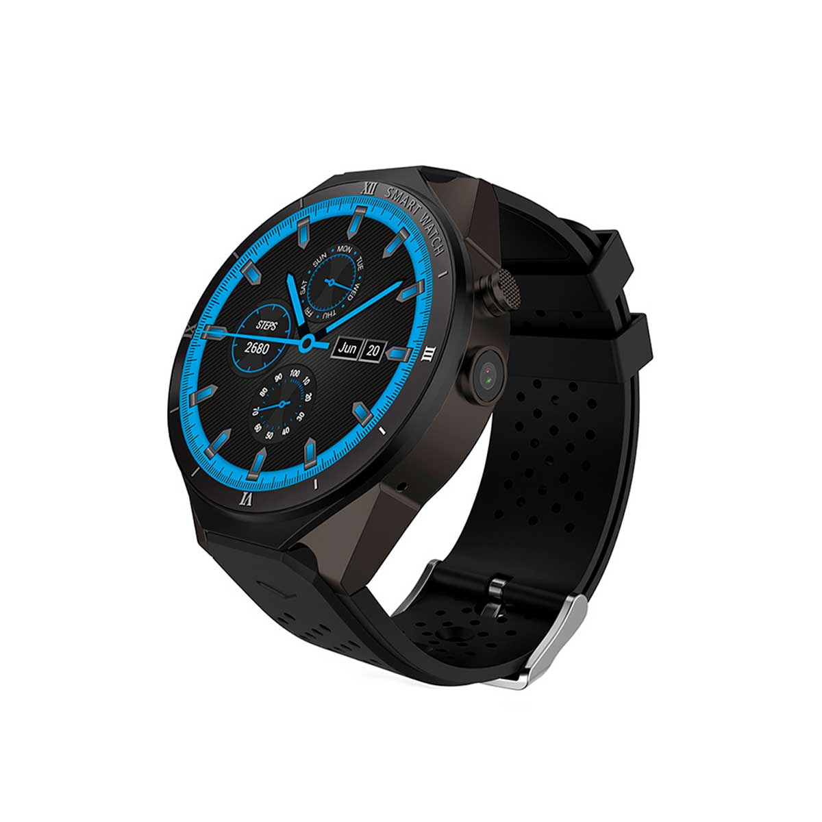 Smartwatch nero con dettagli blu, quadrante rotondo. Cinturino nero, vista isolata.