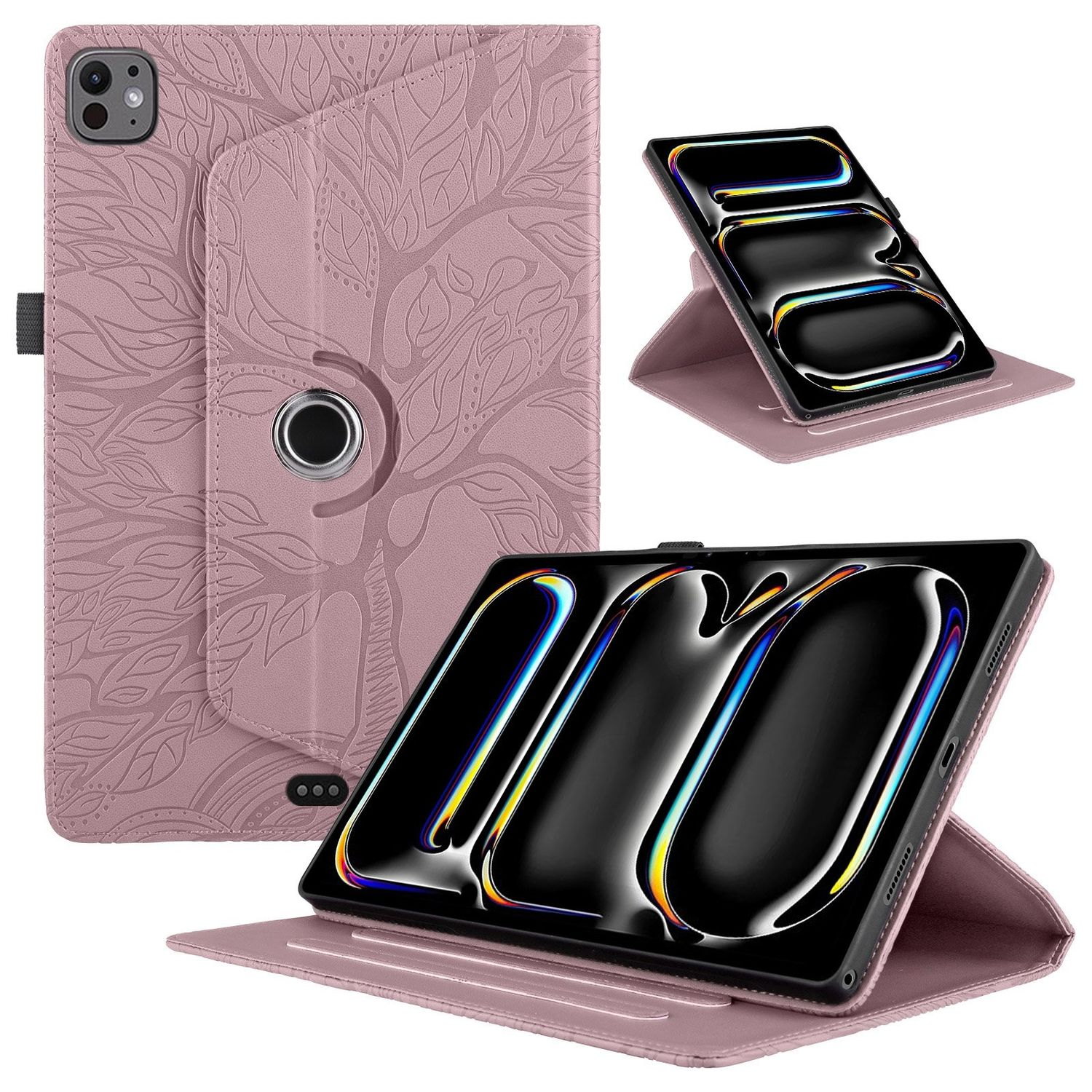 Funda rosa para tableta con diseño de árbol y cierre magnético.