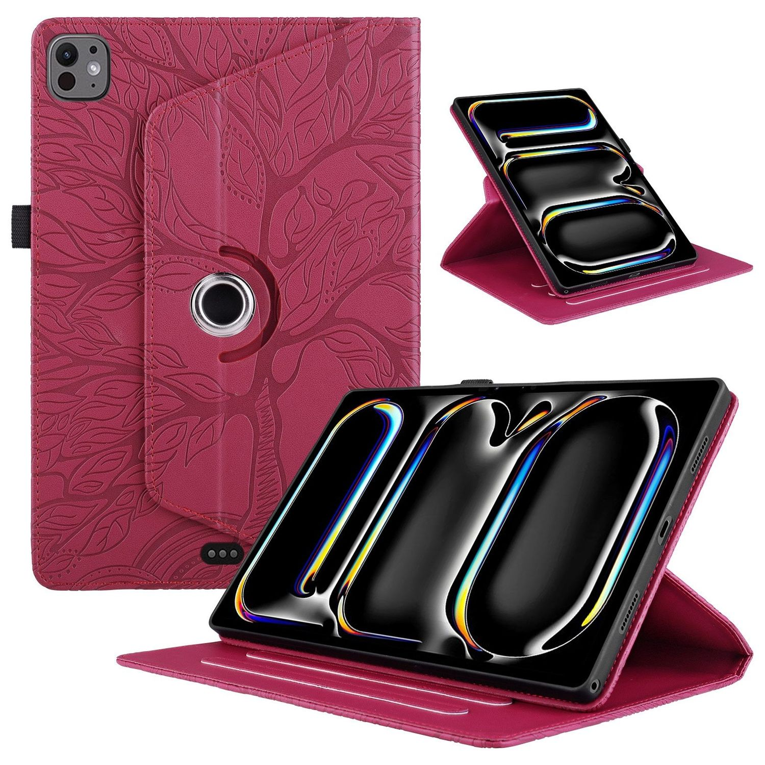 Rosa Tablethülle mit floralem Design und Tablet in verschiedenen Positionen.