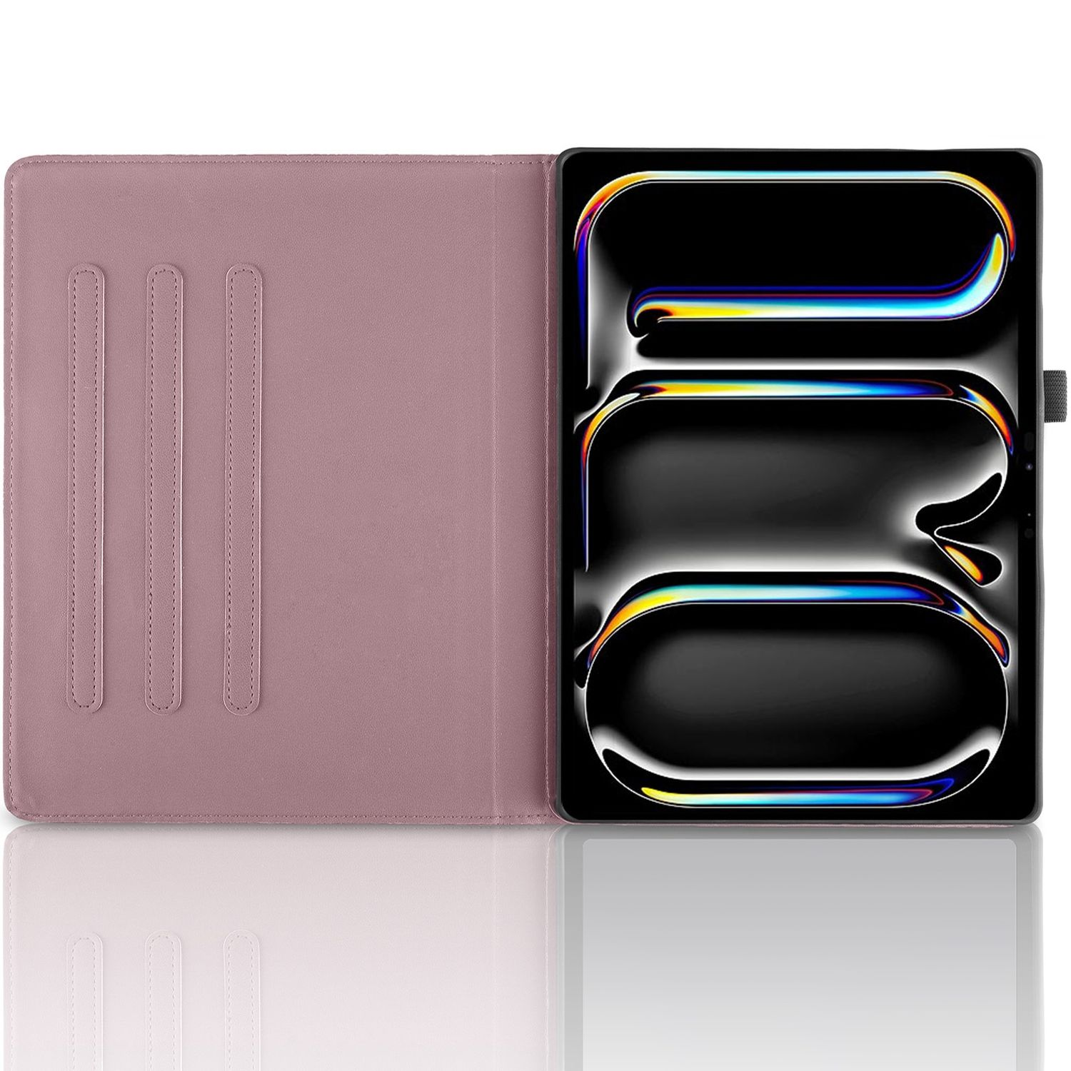 Funda rosa para tableta con tres ranuras para tarjetas. Tableta en la funda.