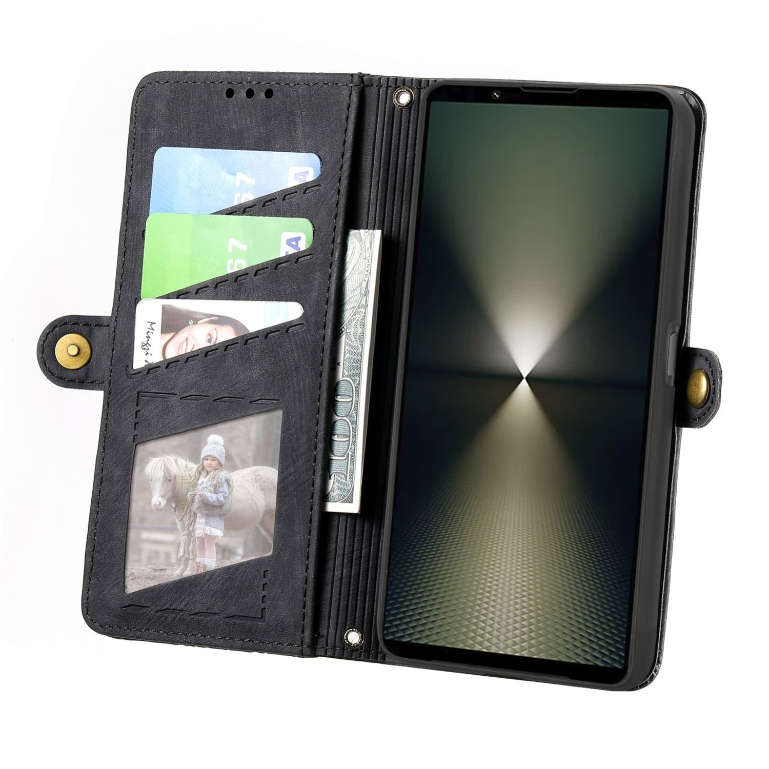 Schwarze Brieftaschen-Handyhülle, geöffnet zur Anzeige von Karten, Geld und einem Foto. Ein Telefon befindet sich in der Mitte.