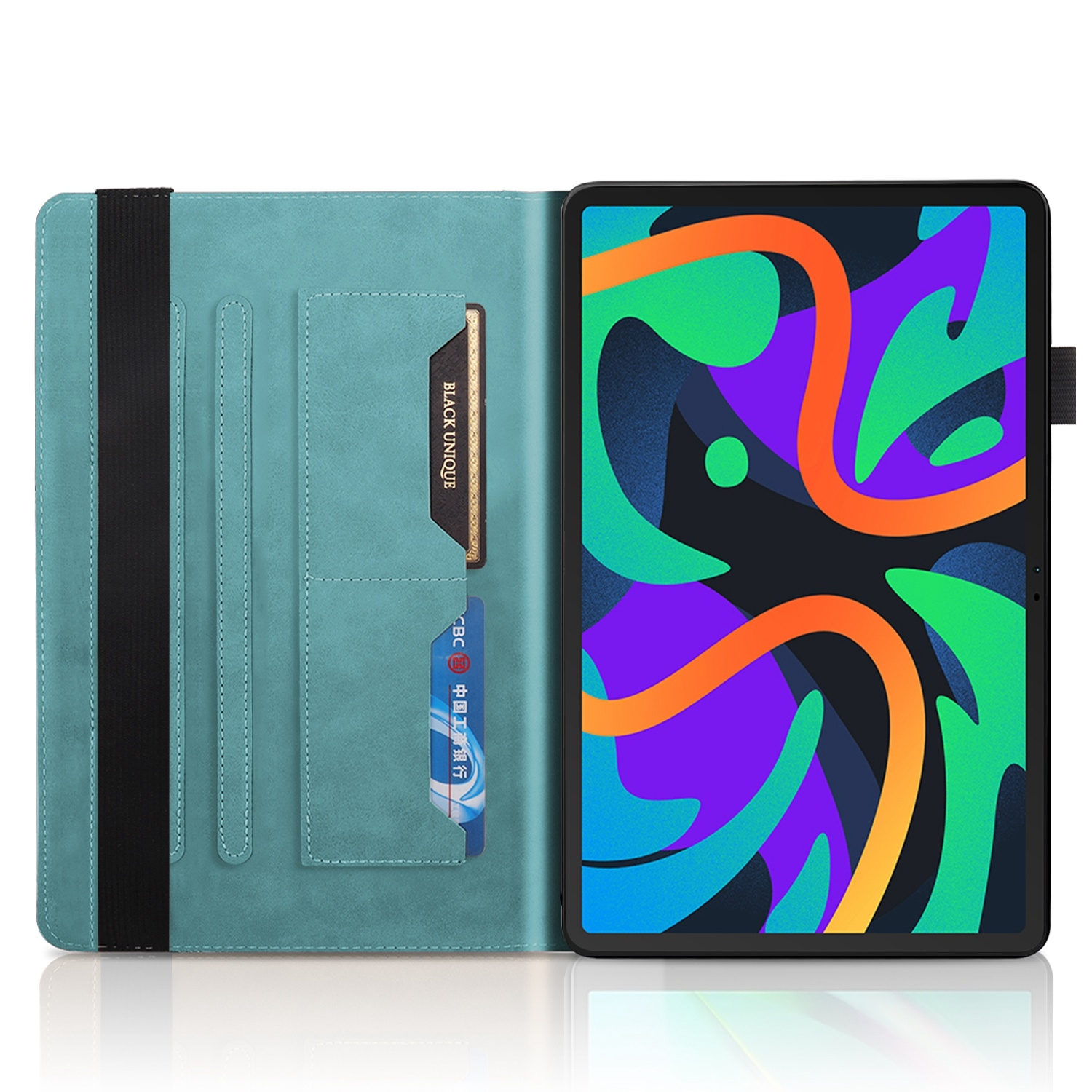 Funda de tableta verde azulado abierta con tableta, tarjeta y ranura para bolígrafo. Banda elástica.