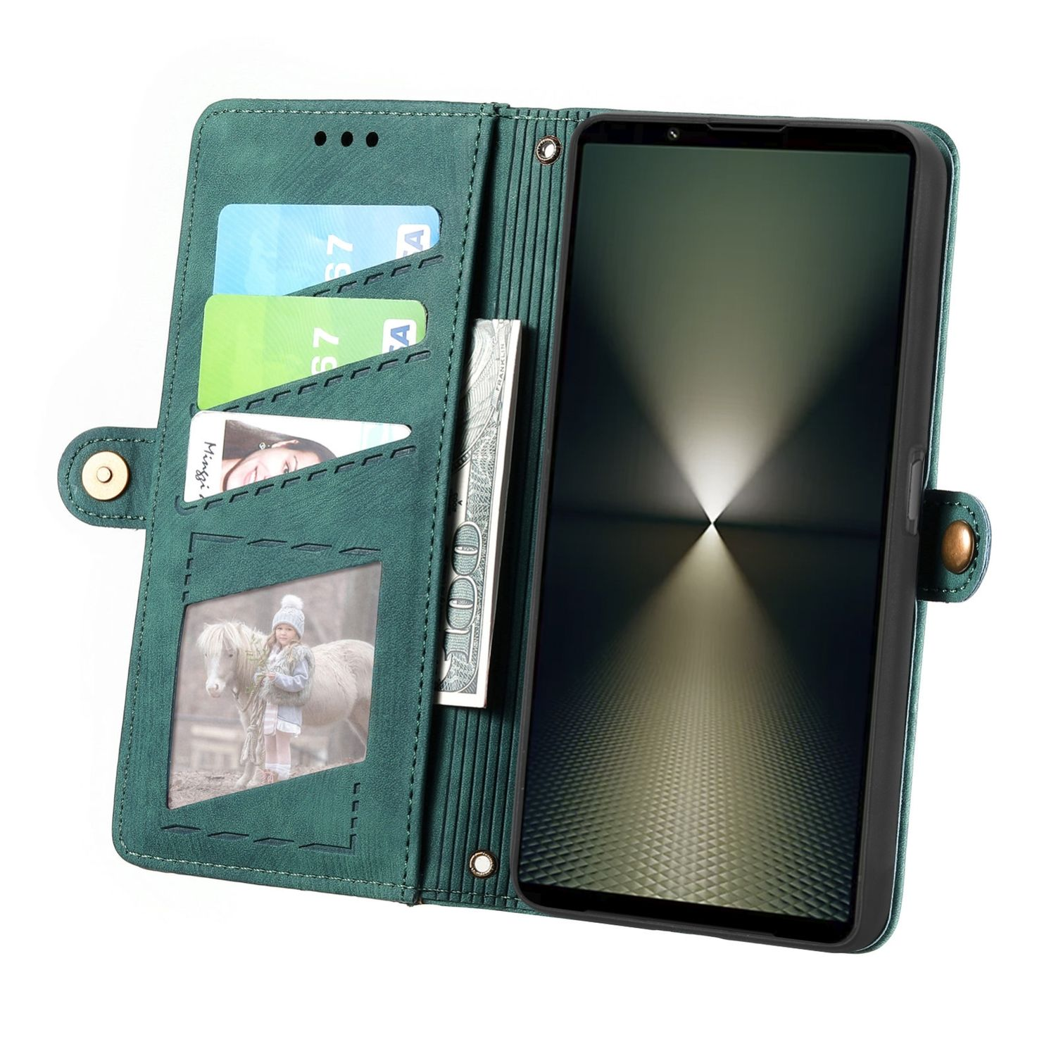 Eine grüne Leder-Telefonbrieftasche mit Telefon, Karten und einem Bild eines Mädchens mit Pony.