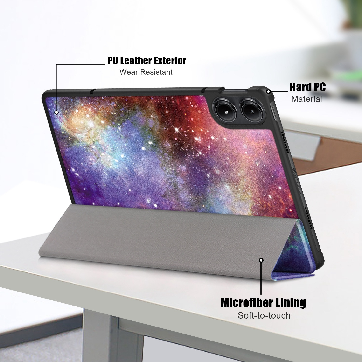 Tablet mit Hülle, die ein sternenartiges Galaxiedesign zeigt, und Text, der Funktionen hervorhebt.