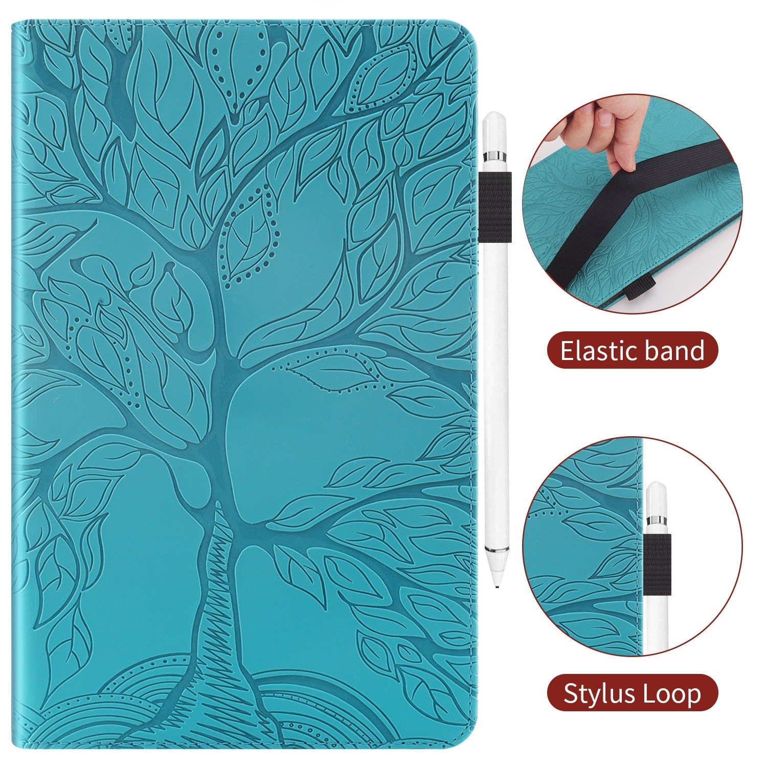 Funda para tableta turquesa con diseño de árbol. Detalles de lápiz y banda elástica.