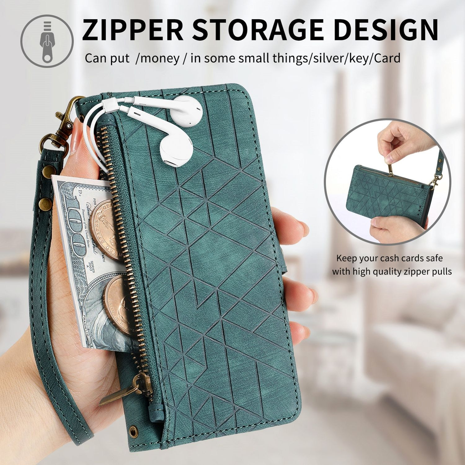 Türkis Geldbörse mit Reißverschluss. Enthält Geld, Münzen und weiße Ohrhörer. Text: Zipper Storage Design.