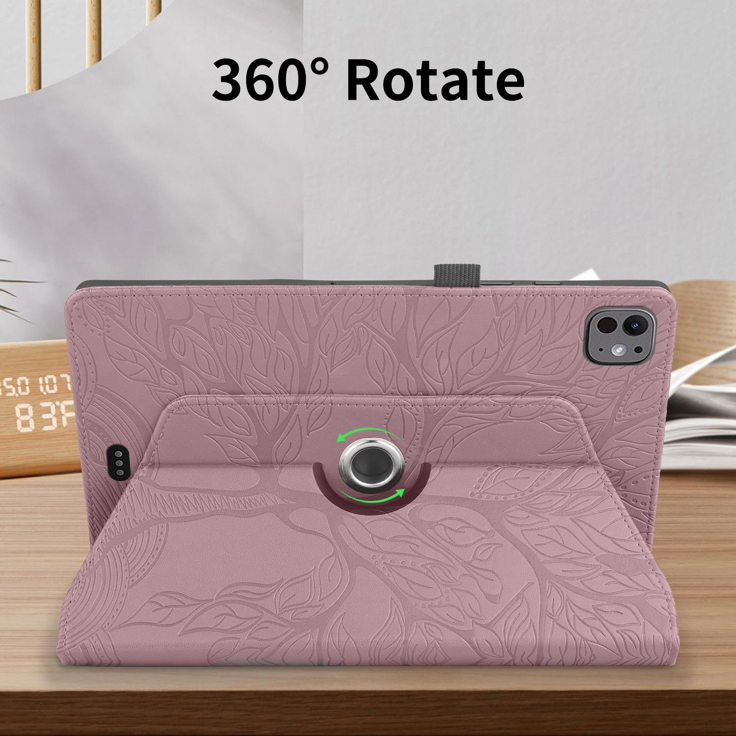 Funda de tableta con la pantalla hacia arriba, sostenida por un soporte. La parte trasera tiene un diseño floral.