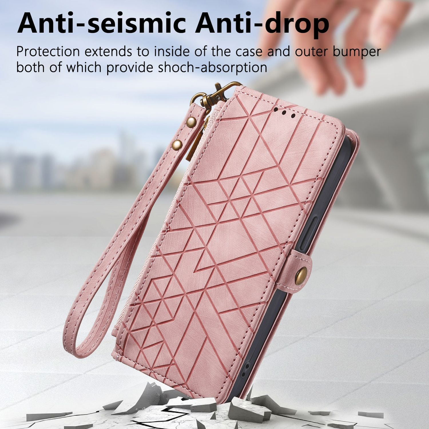 Rosa Handyhülle mit geometrischem Design, Riemen und Bodeneffekt.