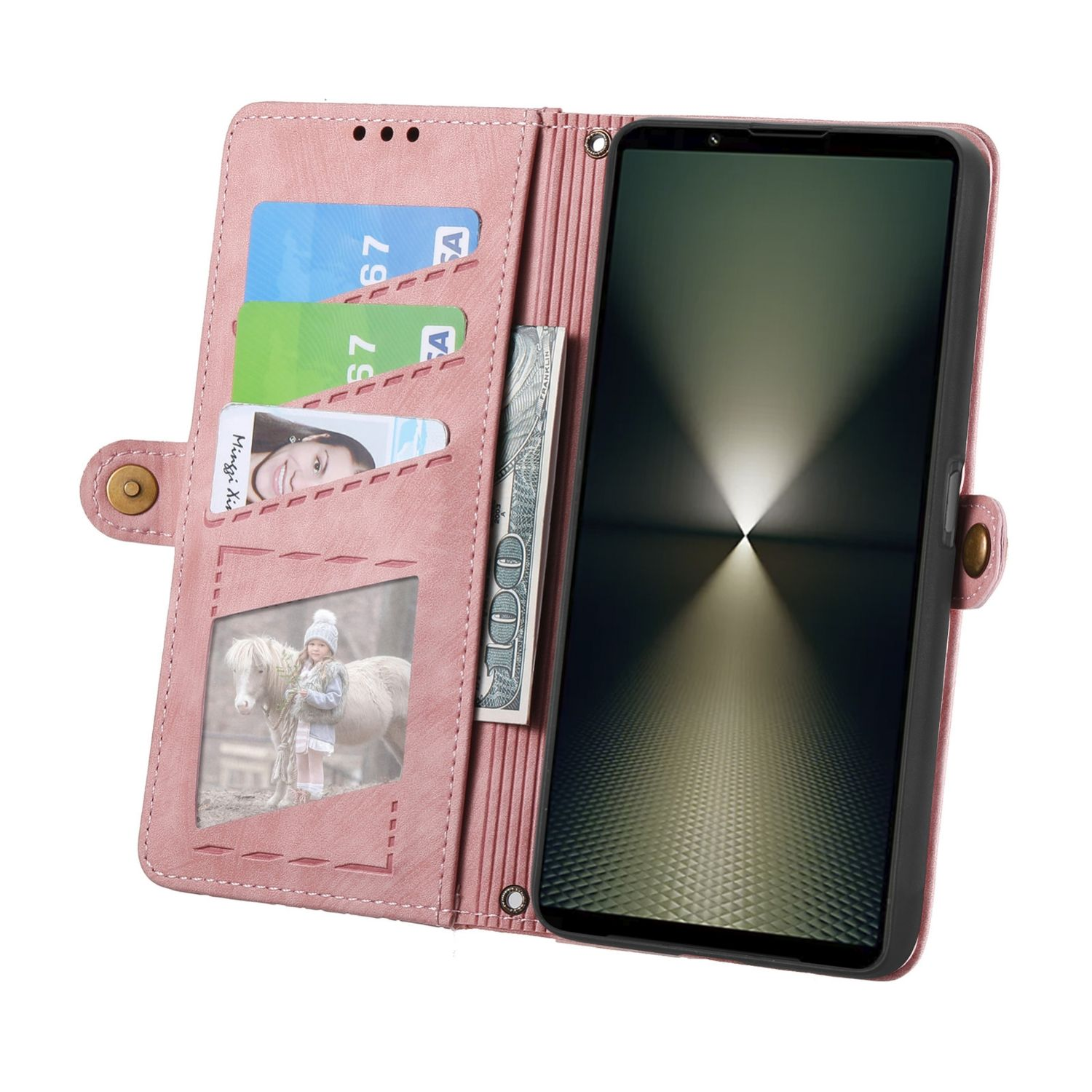 Rosa Handyhülle mit Kartenfächern, Bildfenster und Geldschein. Ein Telefon ist darin.