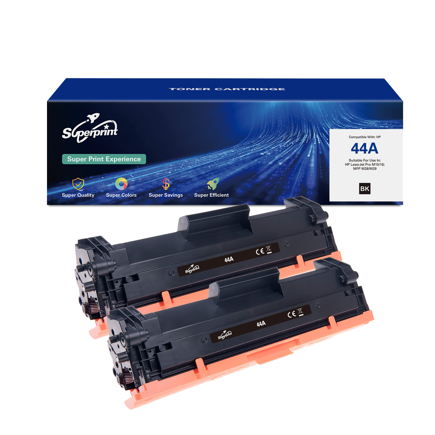 Twee zwarte tonercartridges met een blauw-witte doos.