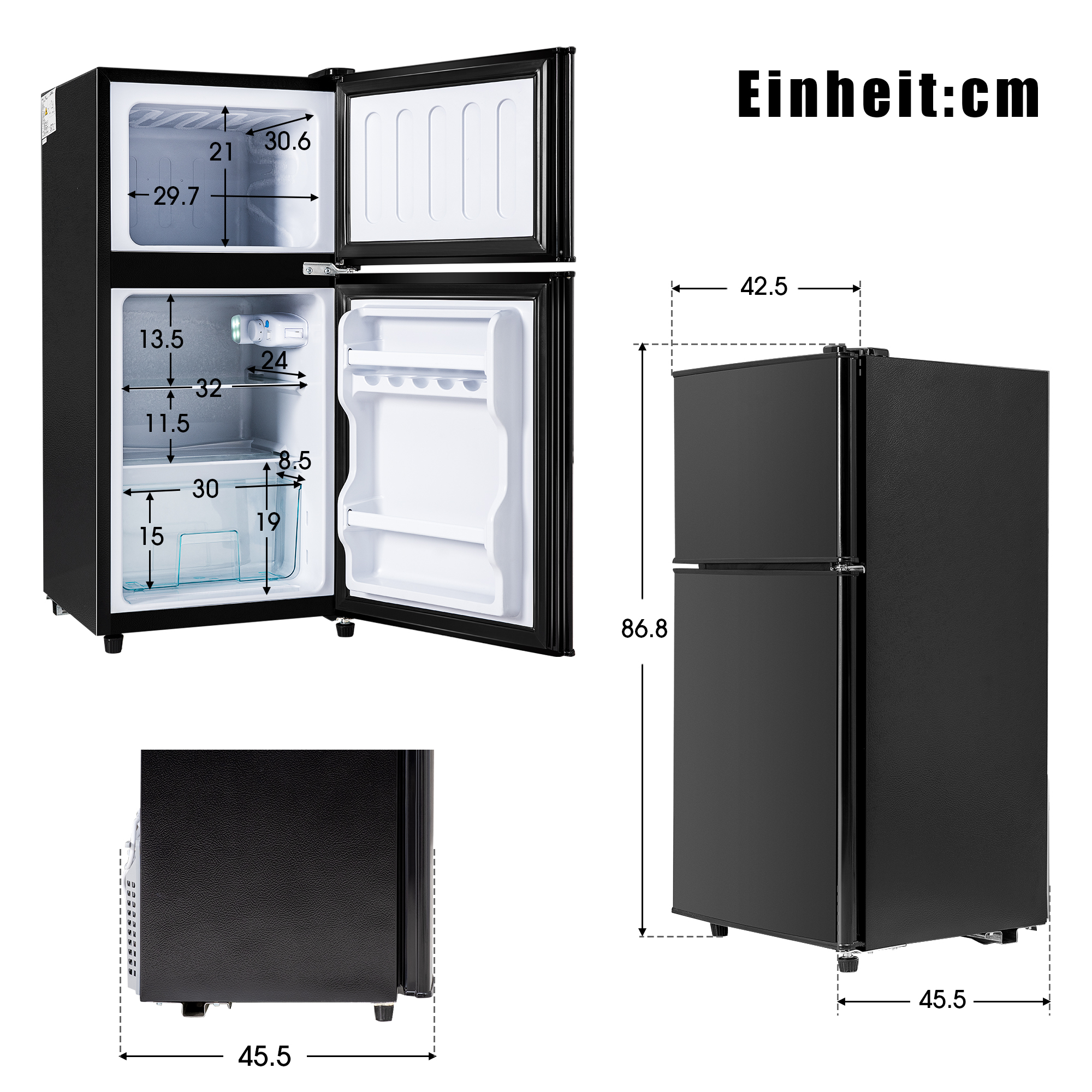 Ein schwarzer Mini-Kühlschrank, geöffnet mit Maßen, aus verschiedenen Blickwinkeln gezeigt, mit weißem Innenraum.